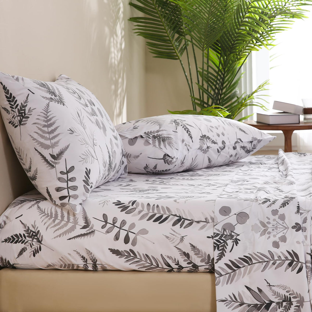 JSD Boho Floral Sheet Set Full Size, 4 Piece Grey Herbs Ferns Printed Microfiber Bed Sheets Deep Pocket