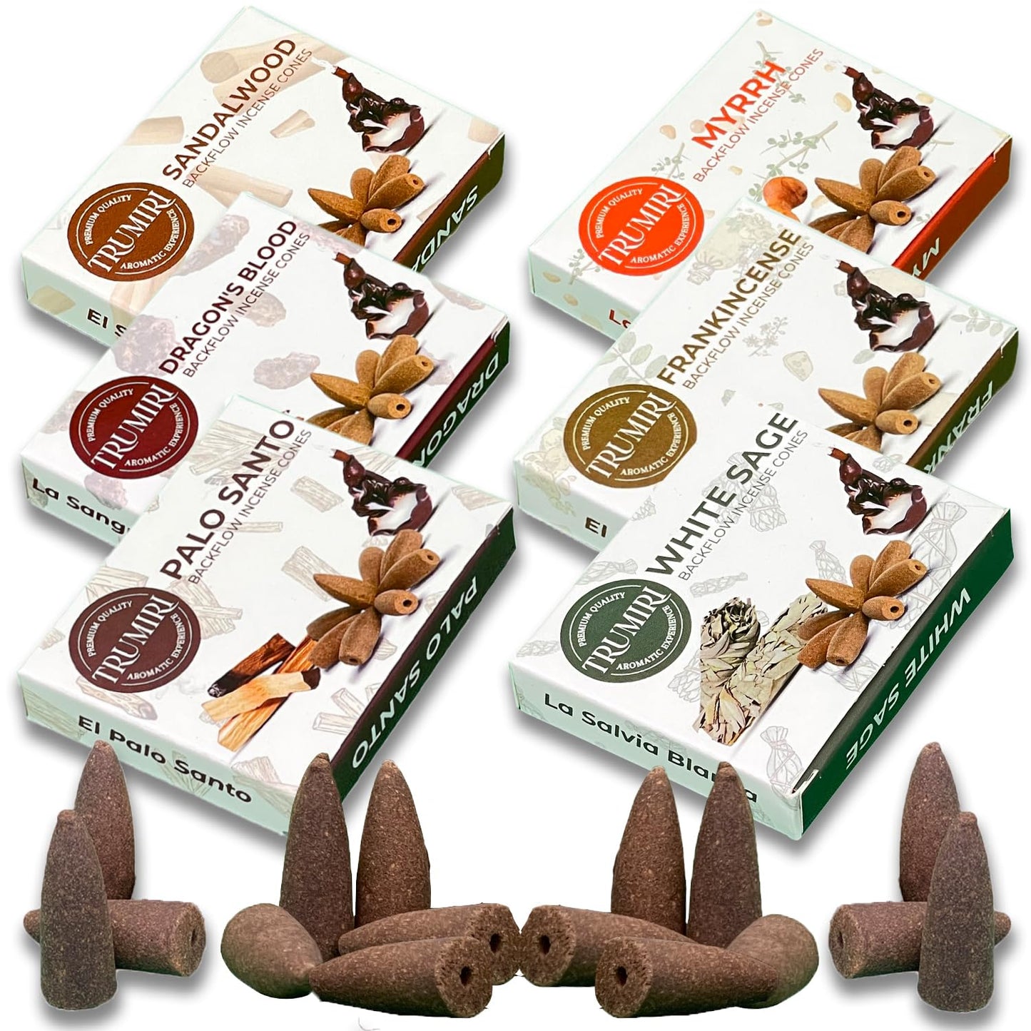 Woody - Backflow Incense Cones for Waterfall - Scented Inscents-Cones - Sandalwood, Dragons Blood, Palo Santo, White Sage - Insiensos Aromaticos - 6x10=60 Large Variety Pack - Back Flow Down Reverse