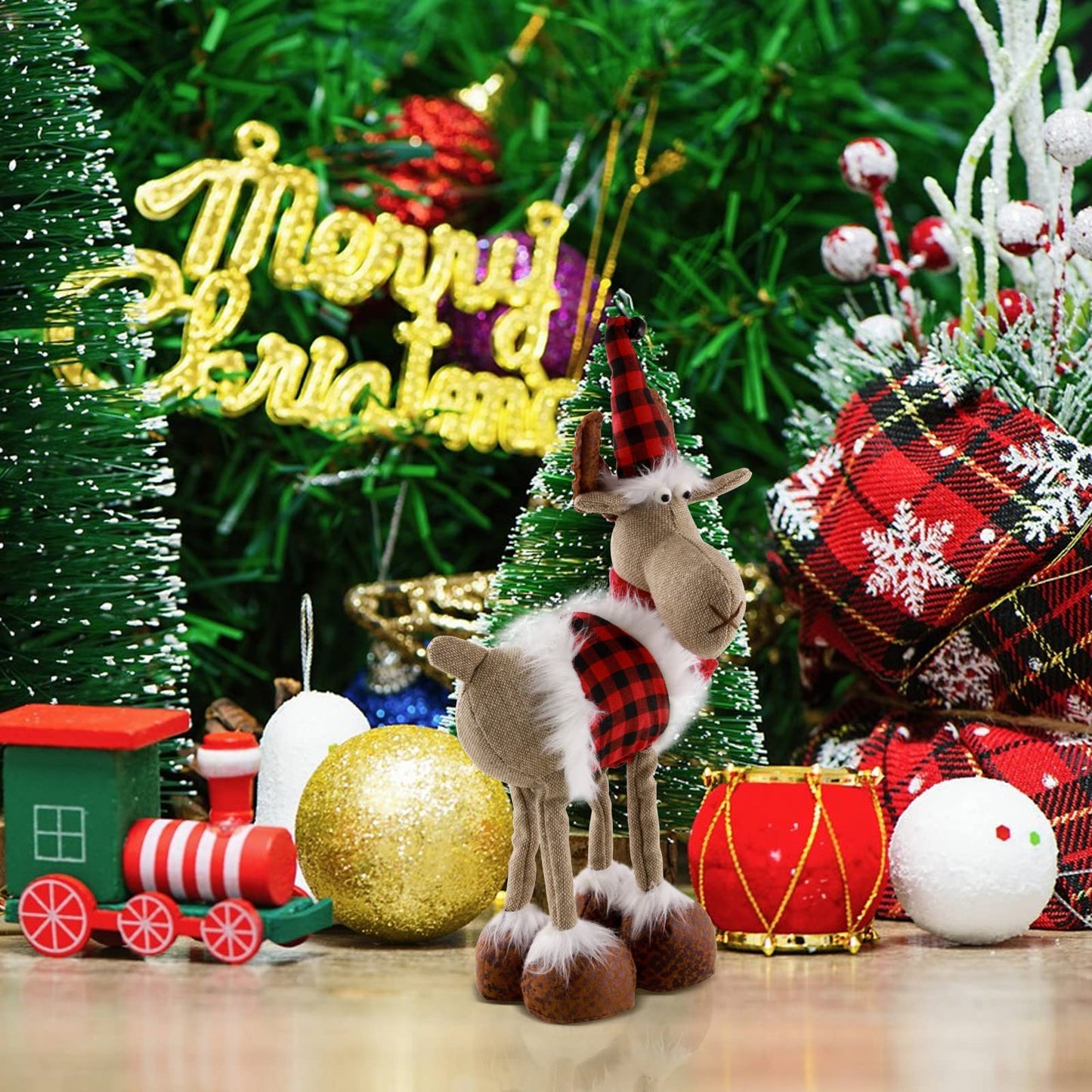 Leipple Reindeer Christmas Decoration Christmas Deer Decor - Swedish Santa Elk Figurines Table Decorations Handmade Plush Gnomes Buffalo Plaid for Home Indoor Holiday Decor (Red)