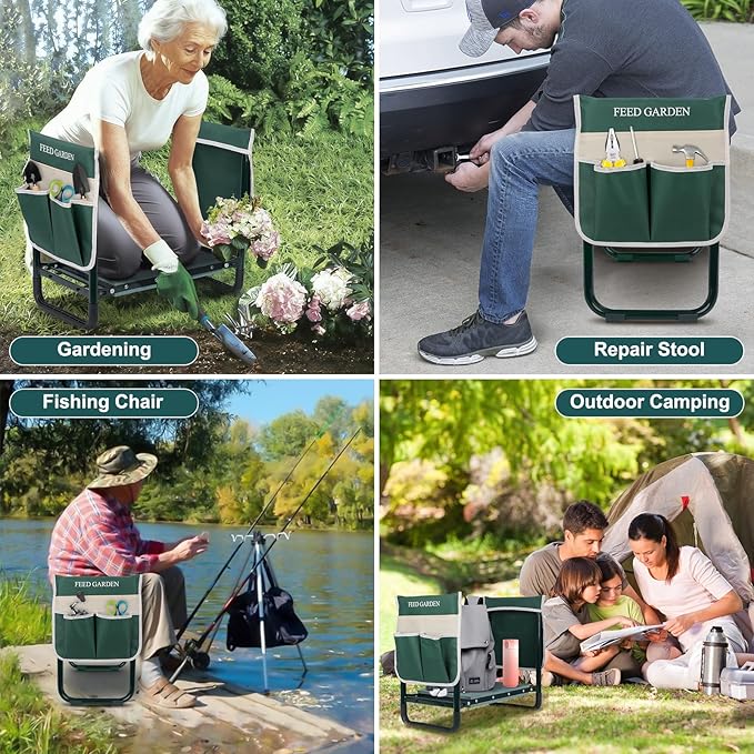 FEED GARDEN Garden Kneeler and Seat, Upgraded Foldable Gardening Stool with 10.23" Wide Kneeling Pad, Heavy Duty Gardening Bench Chair with 2 Tool Pouches, Gardening Gifts for Seniors Mom Women Men