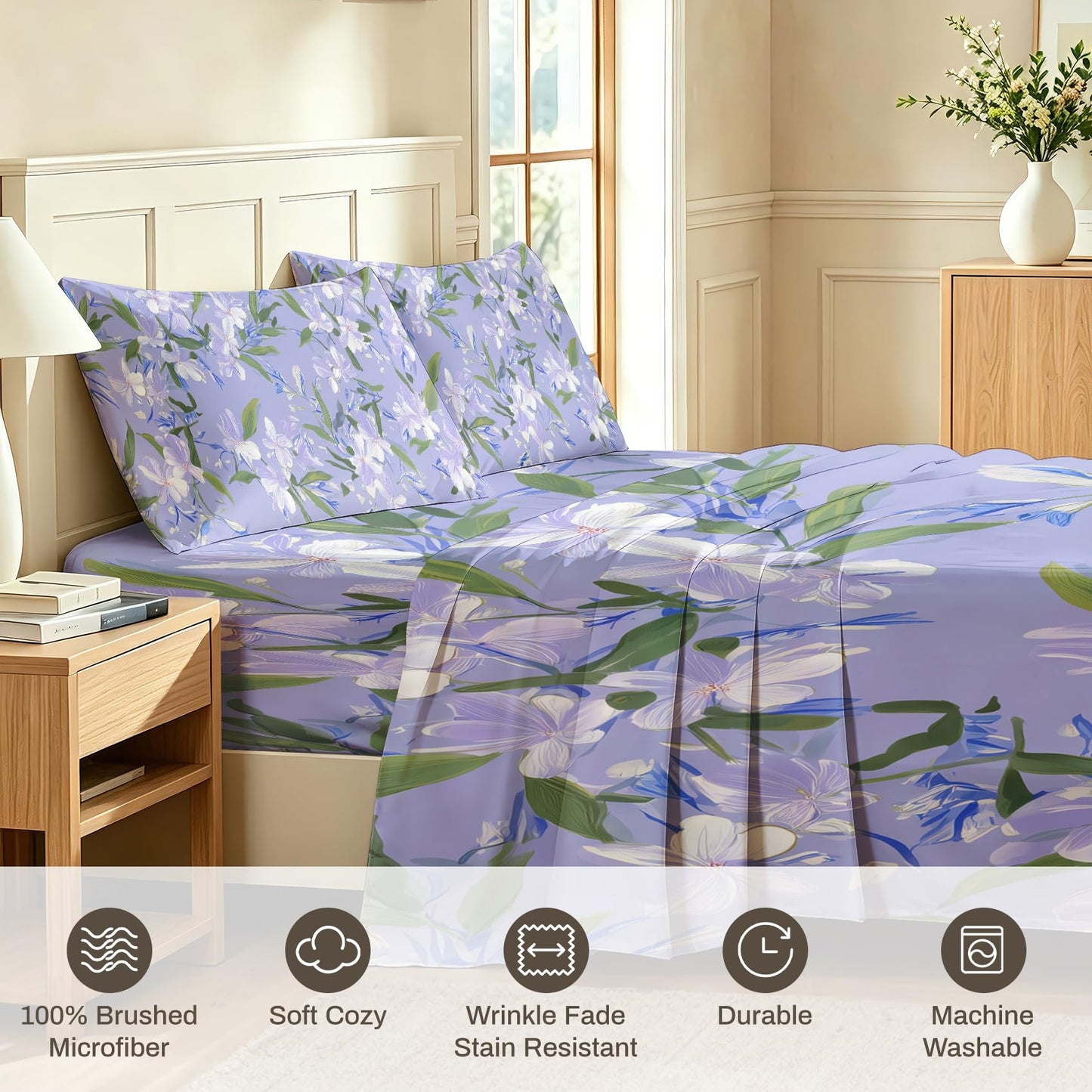 Purple Floral California King Bedding Set Romantic Flower Sheet Sets
