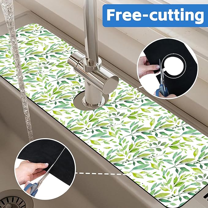 Tropical Eucalyptus Leaves Kitchen Sink Splash Guard Mat Absorbent Fast Drying