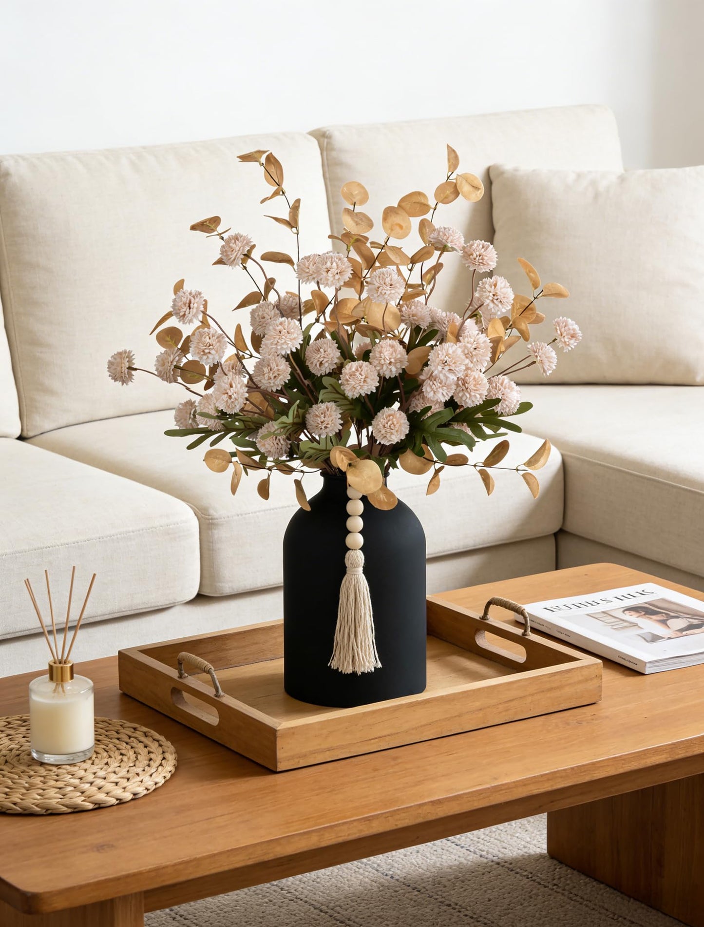 BLOSMON Fake Flowers Centerpieces for Tables: Gifts for Women Metal Vase with 12 Stems of Artificial Mums Kiku Eucalyptuses for Dining Room - Beige Faux Floral Arrangements in vase