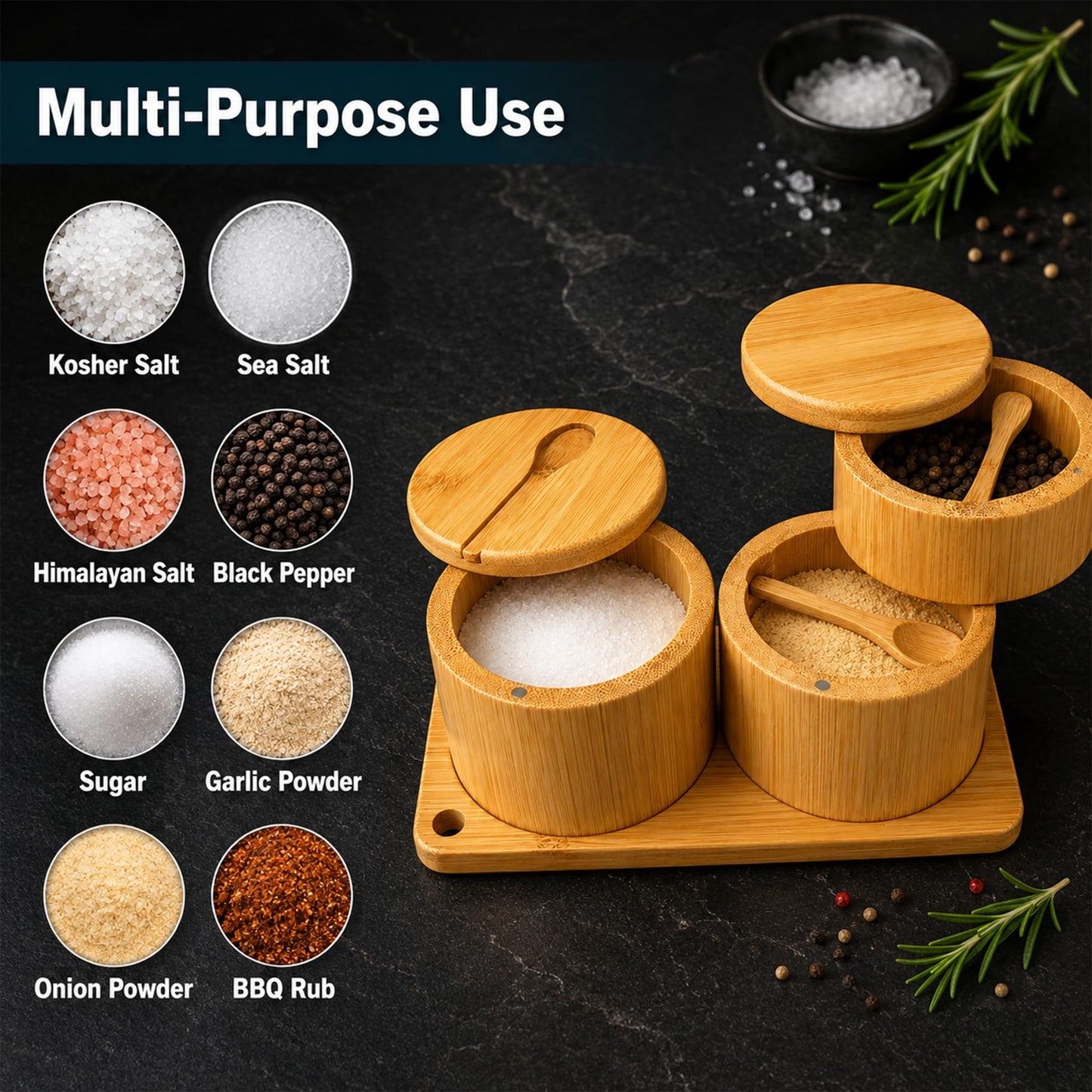 Bamboo Salt Cellar Set with Tray, Single & Double-Tier Salt and Pepper Cellar with Spoon & Magnetic Swivel Lid, 16 Labels, Spice Containers for Salt, Sugar, Pepper, Spices, Kitchen Organizer 9OZ Each