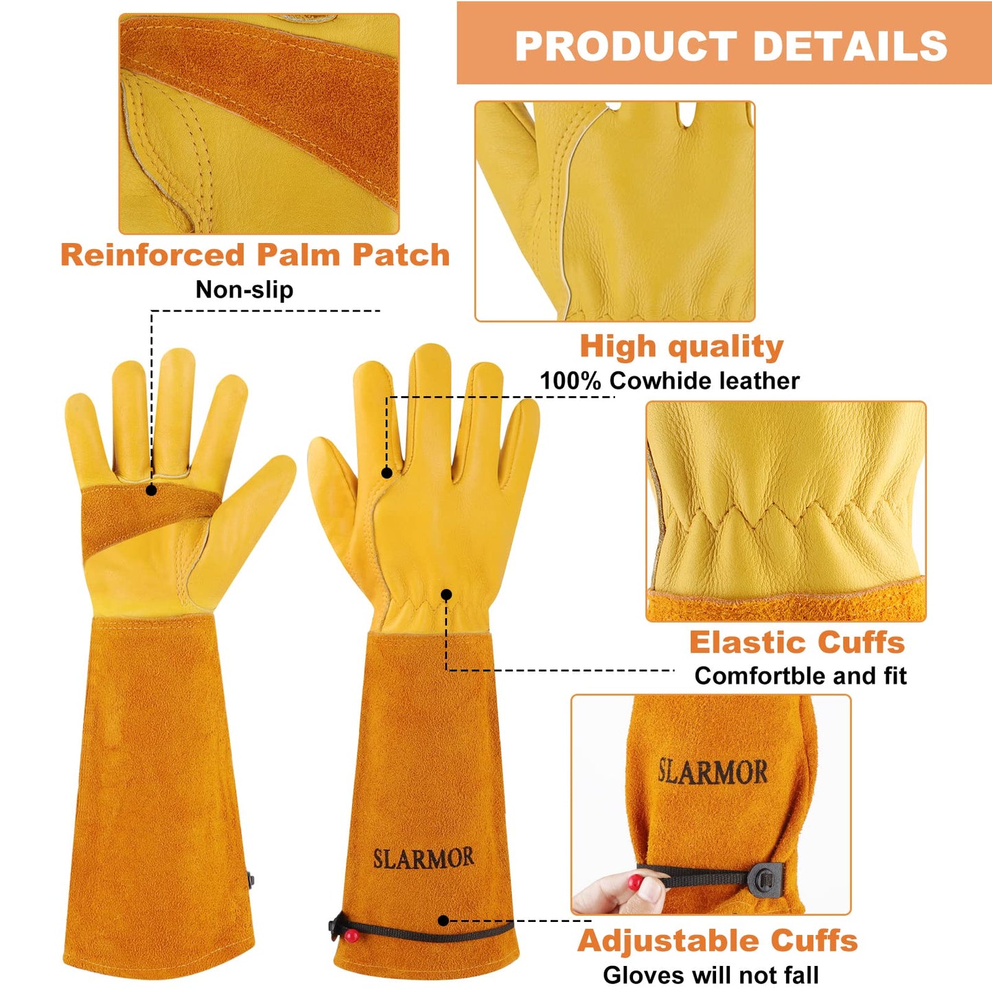 SLARMOR leather Gardening Gloves for Women/Men - Thorn Proof Cowhide Leather Rose/Blackberry Pruning Heavy Duty Garden Gloves Thick Palm Gauntlet Garden Work Gloves with Forearm Protection
