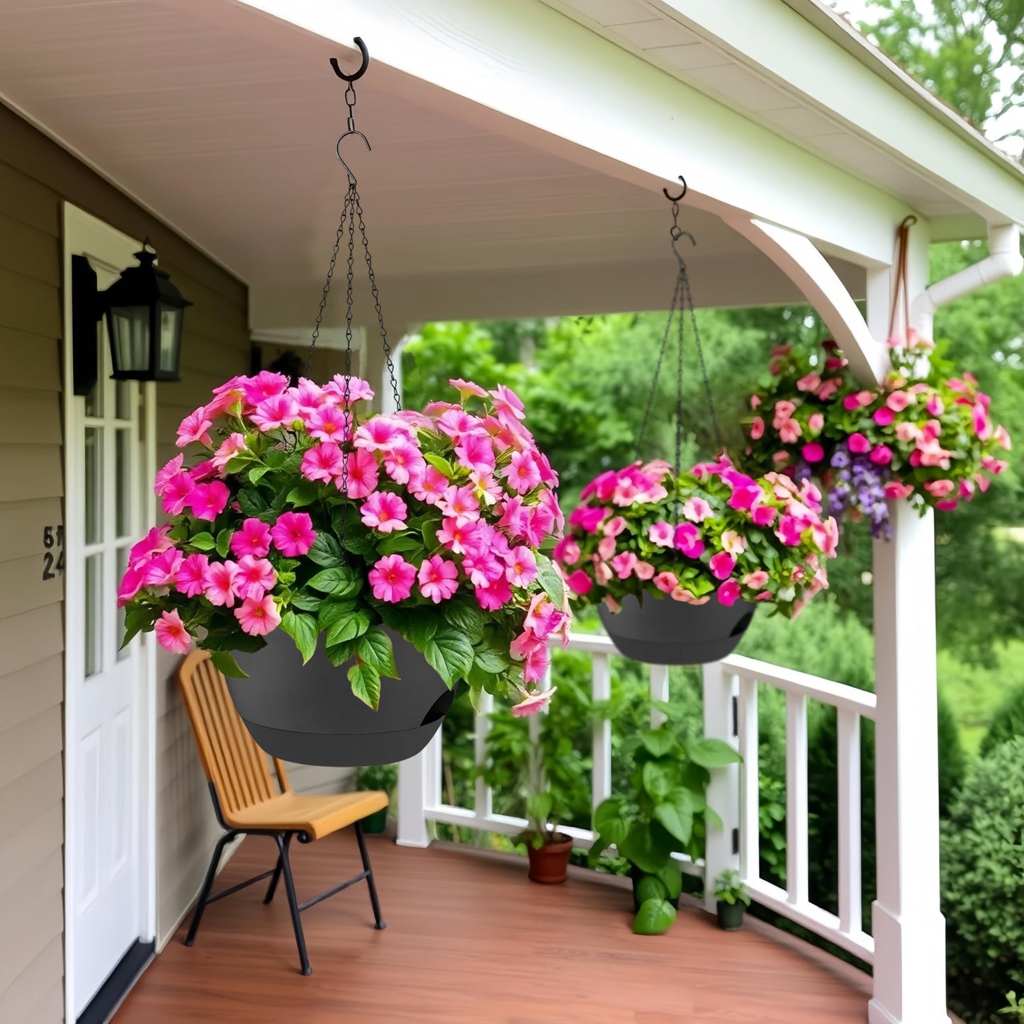 zople 2 Pack 12 Inch Self Watering Hanging Planters for Indoor Plants, Large Black Plastic Hanging Pots with Chains for Outdoor Patio Garden Home Decor Black