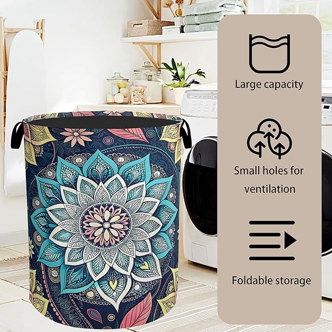 Bohemian Blue Flowers Laundry Basket, Dirty Clothes Basket, Water Resistant