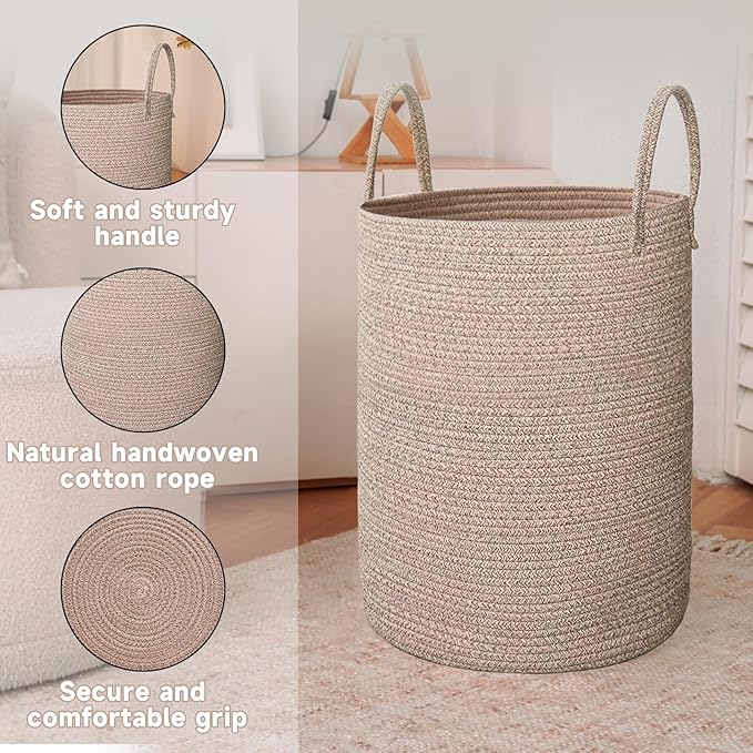 Large Woven Laundry Basket Hamper, 60L Cotton Rope Storage Bin