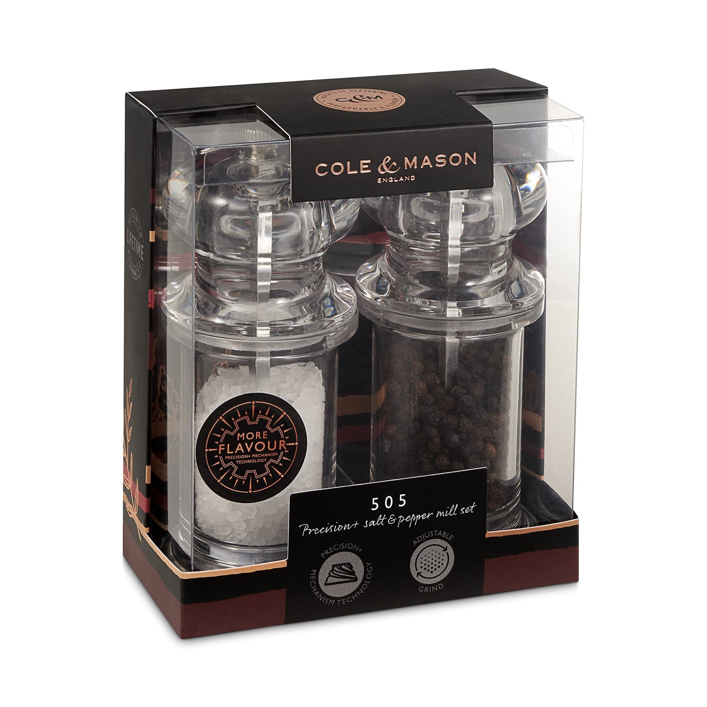 Cole & Mason 505 Clear Salt and Pepper Mills, Adjustable Grind Precision+ Mechanism, Acrylic, 140 mm, Gift Set, Includes 2 x Salt and Pepper Grinders