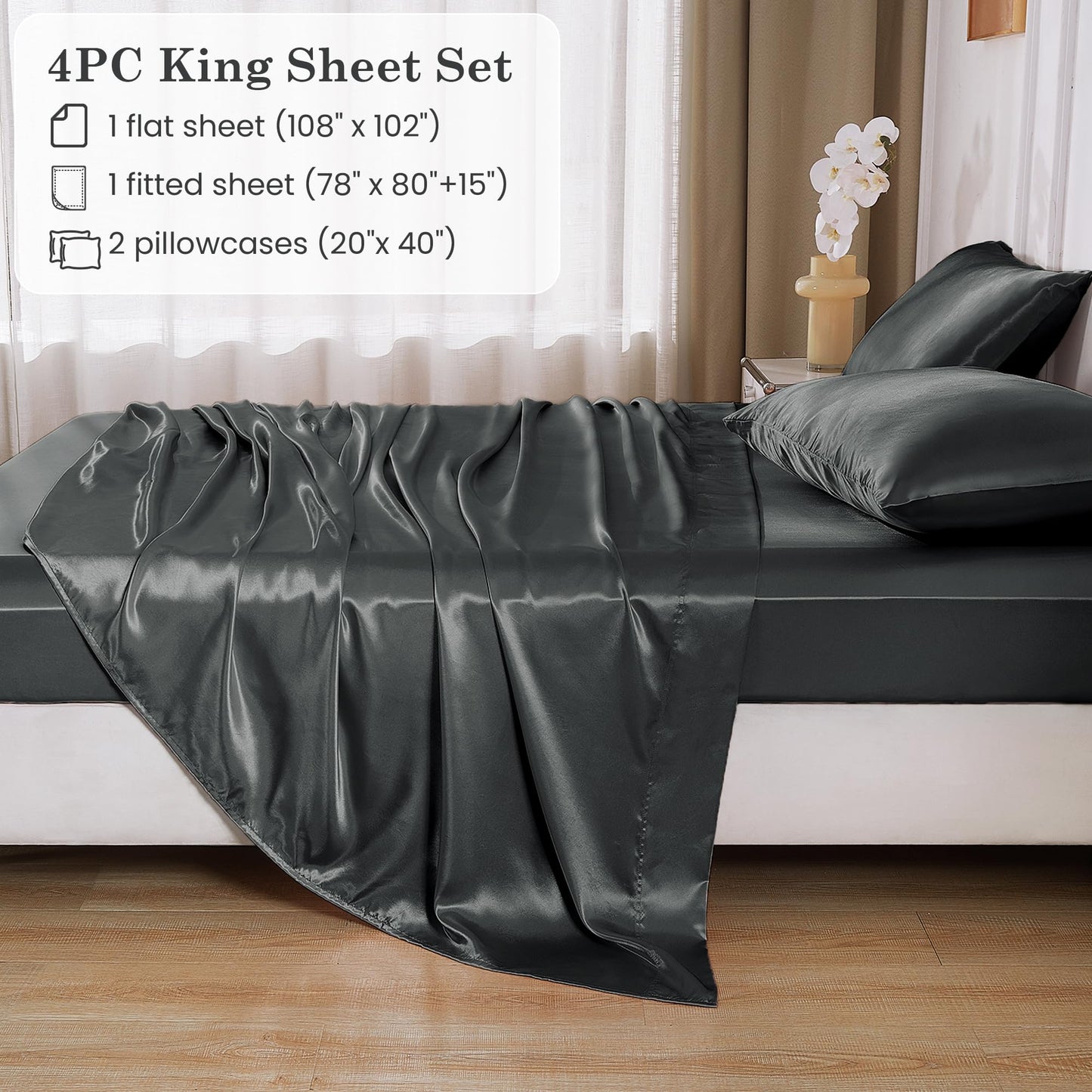 lasoftan Silk Satin King Sheets Set, Silky Fitted Bed Sheets with 15" Deep Pocket and Non-Slip Corner Straps, Luxury Hotel King Size Satin Sheets, Grey Cooling Sheets & Pillowcase Set