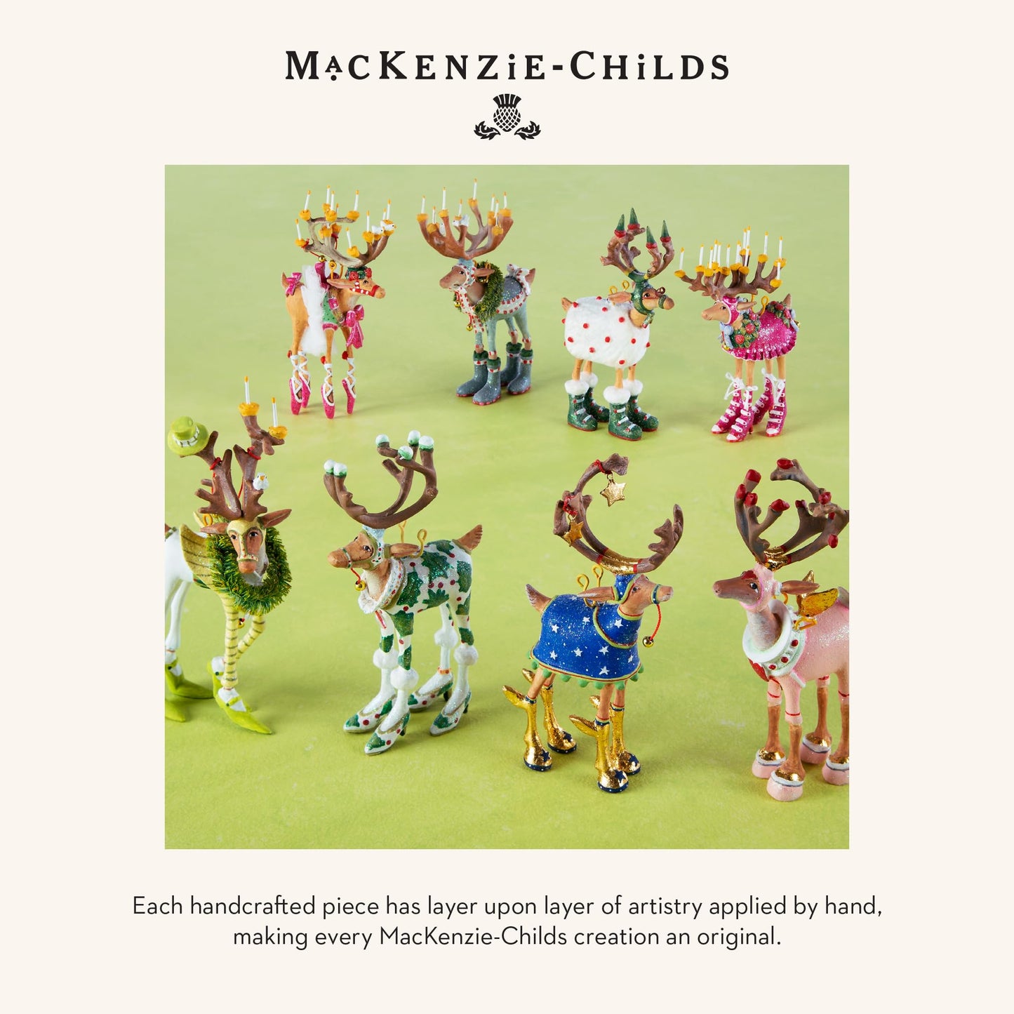 MACKENZIE-CHILDS Patience Brewster Dash Away Christmas Ornament, Indoor Christmas Decorations for the Christmas Tree, Mini Reindeer Set