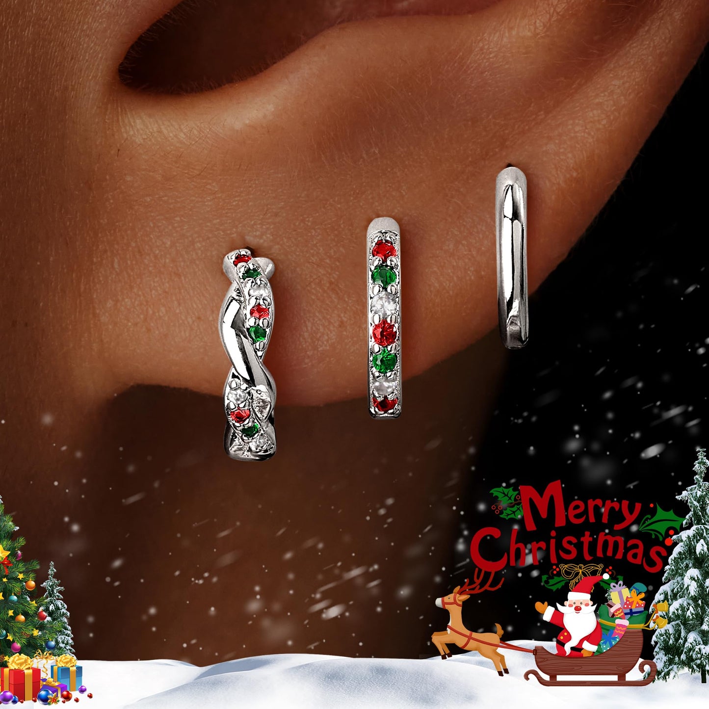 Inerney Sterling Silver Christmas Earrings Set for Women, Dainty Small Huggie Hoop Earrings Holiday Jewelry for Multiple Piercings, Trendy Twisted Cute Cartilage Hoops Winter Gift for Sensitive Ears