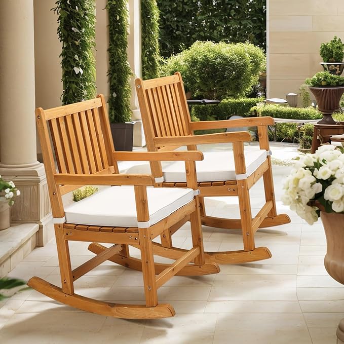 VINGLI Outdoor Rocking Chair, Weatherproof Rocker with Cushion, Wooden Rocking Bench Support 550 LBS for Patio, Yard, Garden, Outdoor or Indoors, Teak