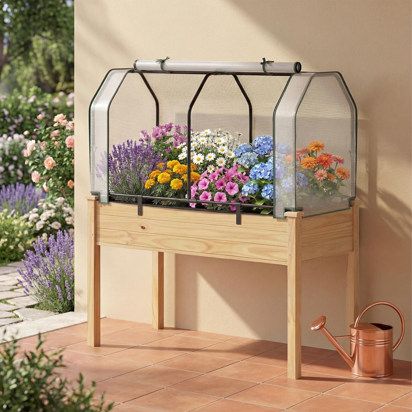 Toolsempire Raised Garden Bed with Greenhouse Cover, Elevated Wooden Planter Box Outdoor Gardening Planting Bed for Vegetables Flowers & Herbs Grow Backyard Patio Lawn (White+Natural)
