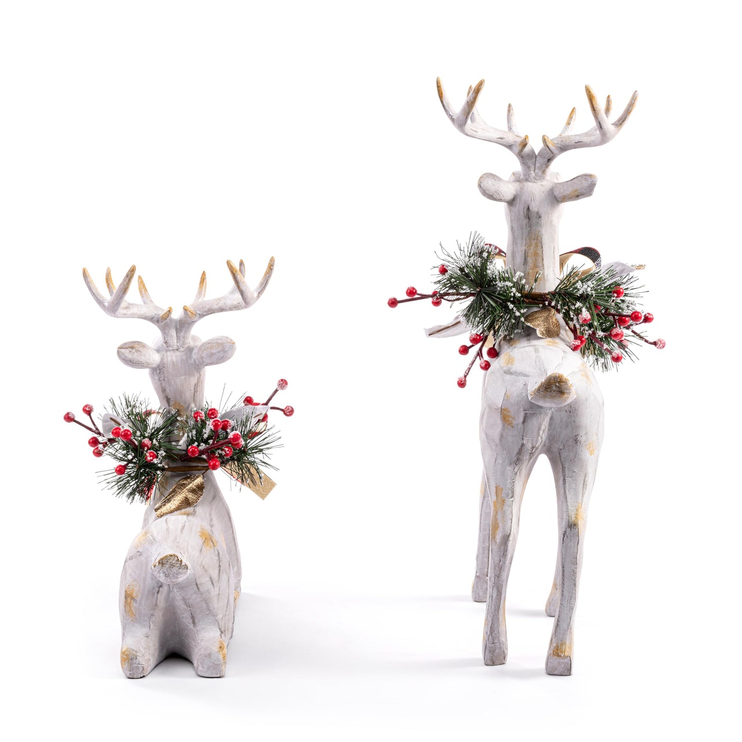 DEMDACO Holly Lodge Reindeer Wearing Plaid Bow Whitewashed Standing 15", Lying 10.5" Acrylic, Resin Large, Festive Holiday Décor, Christmas Decoration Figurine, Set of 2,