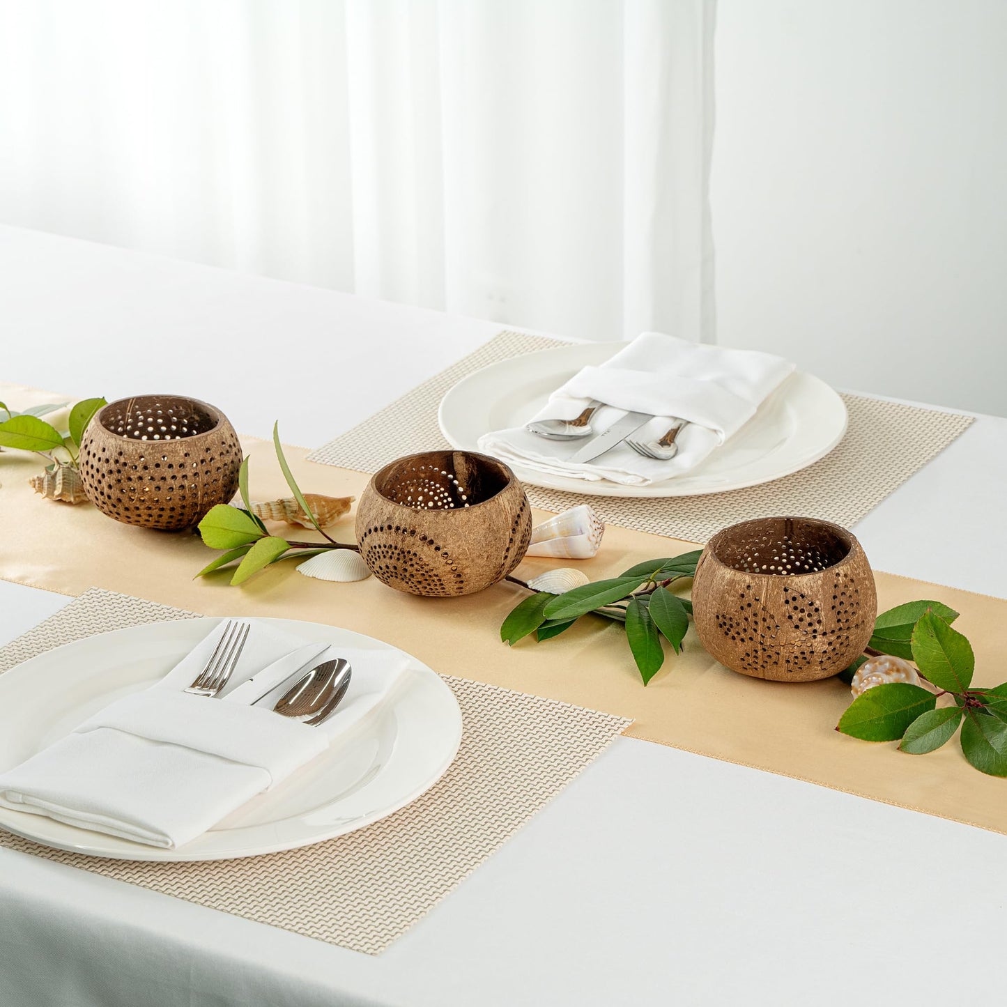 Restaurantware - Coco Casa 4 x 3.3 Inch Coconut Shell Candle Holders, 1 Reusable Tealight Candle Holders - Candle Not Included, Geometric Pattern, Tan Coconut Bowls for Candles, Handcrafted