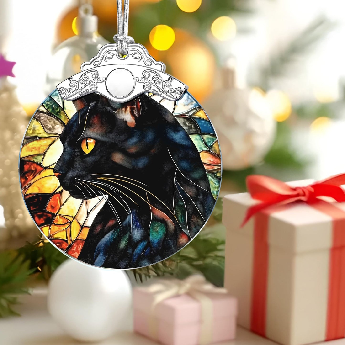 Black Cat Stained Glass Ornament, Christmas Ornaments – Christmas Tree Decorations, Holiday Decor, Stocking Stuffer, Gift Idea, Gifts for Cat Lover, Pet Lover