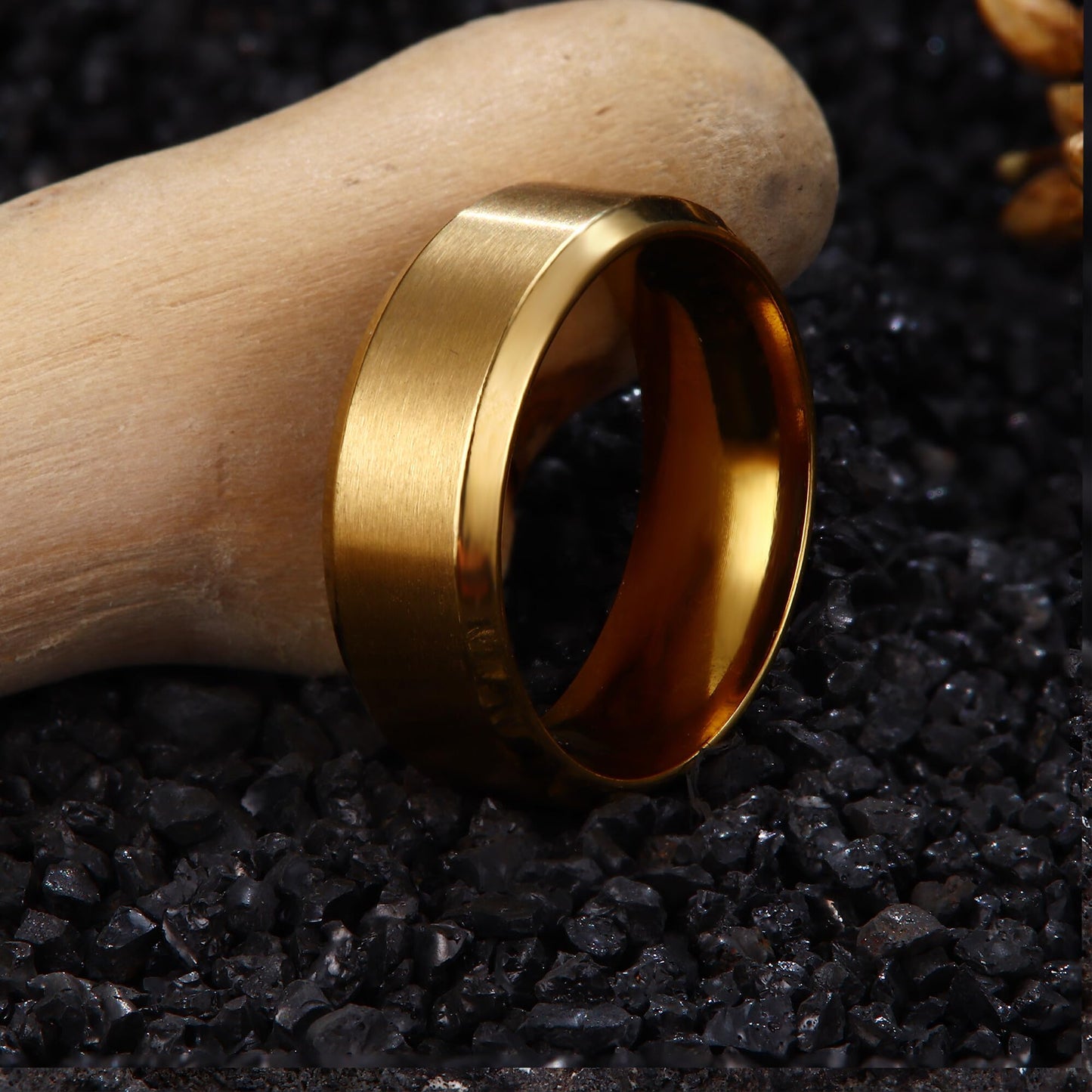 Jstyle Stainless Steel Rings for Men Women 8MM Wedding Band Rings Matte Surface - Beveled Polished Edge Mens Ring Size 9 18K Gold Plated Ring for Men