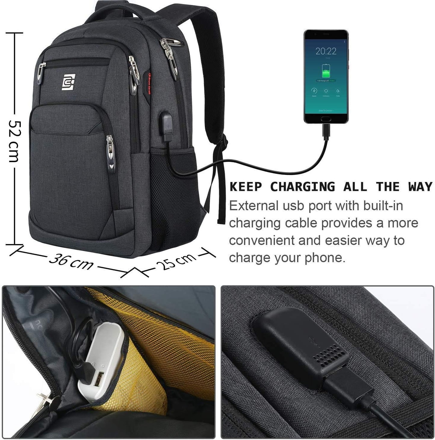 KASIBON Laptop Backpack with USB Charging&Headphone Port,Anti-Theft with Breathable Padded Shoulder Strap, Water Resistant Computer Rucksack for Business/School/Work/Travel
