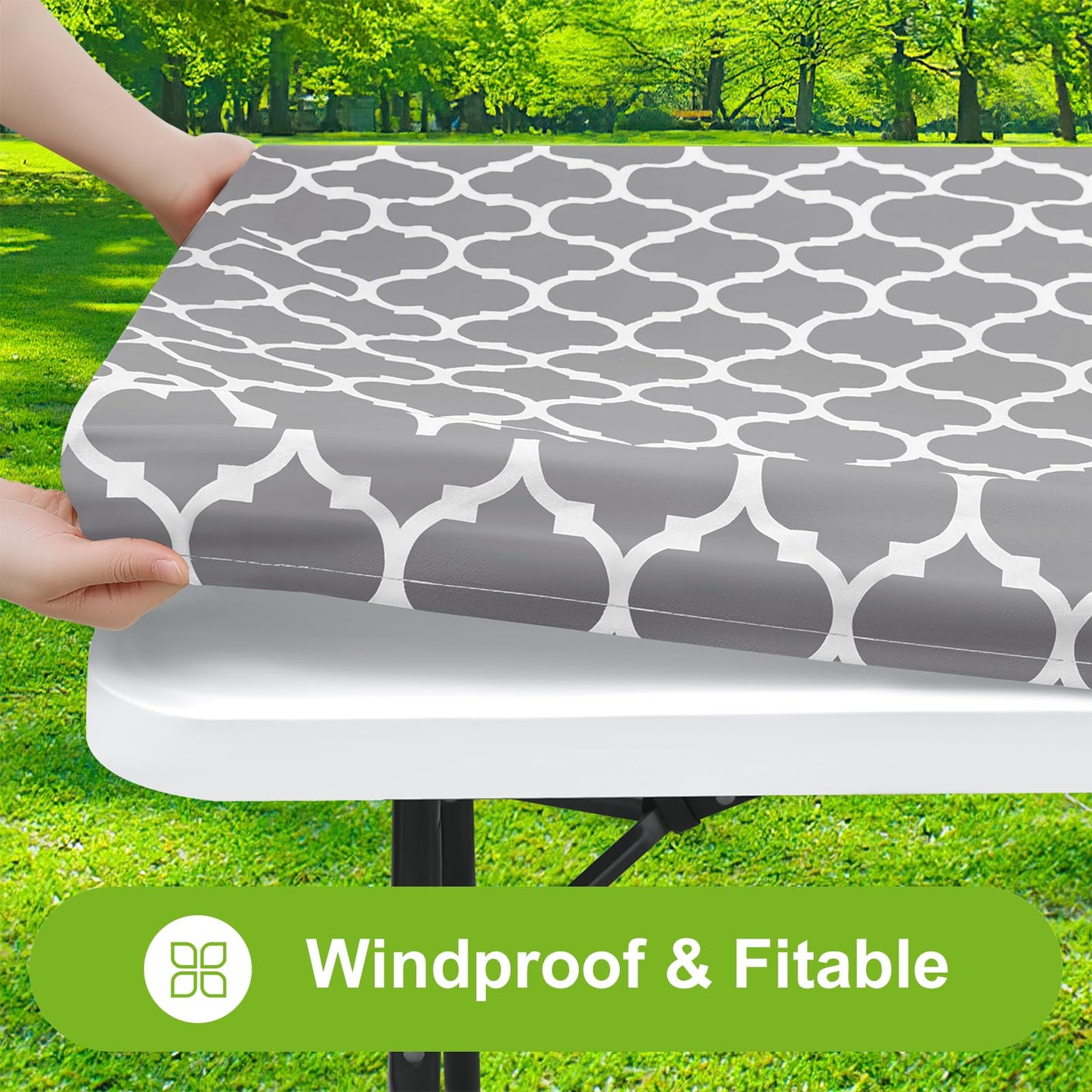 Smiry Rectangle Picnic Table Cover, Waterproof Elastic Fitted Camping Tablecloths for 6 Foot Tables, Wipeable Flannel Backed Vinyl Tablecloth Protector for Indoor, Outdoor (Grey, 30x72 Inches)