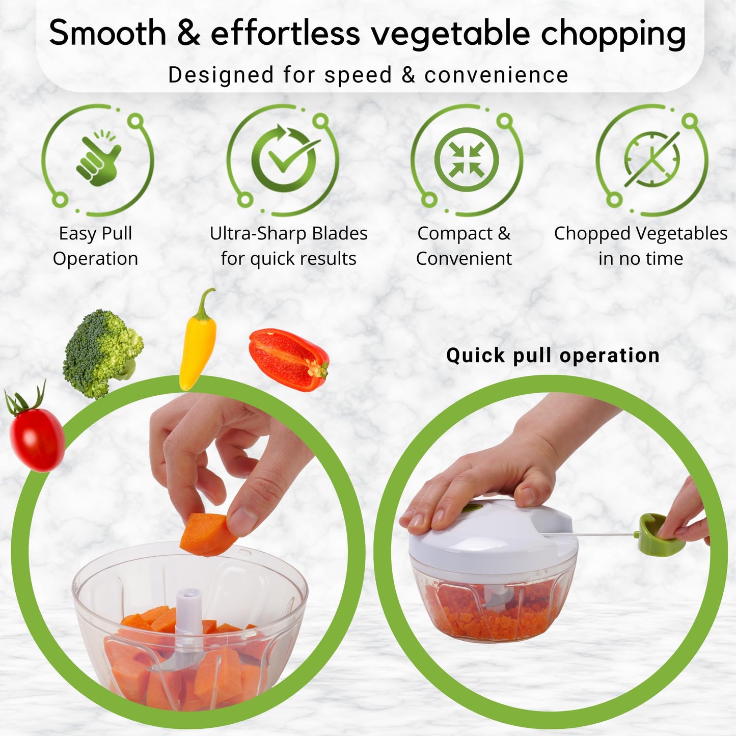 Brieftons Manual Food Chopper, Compact & Powerful Hand Pull Chopper Blender to Chop Onion, Garlic, Vegetables, Fruits, Herbs for Salsa, Salad, Pesto, Hummus, Coleslaw, Puree, Indian Cooking