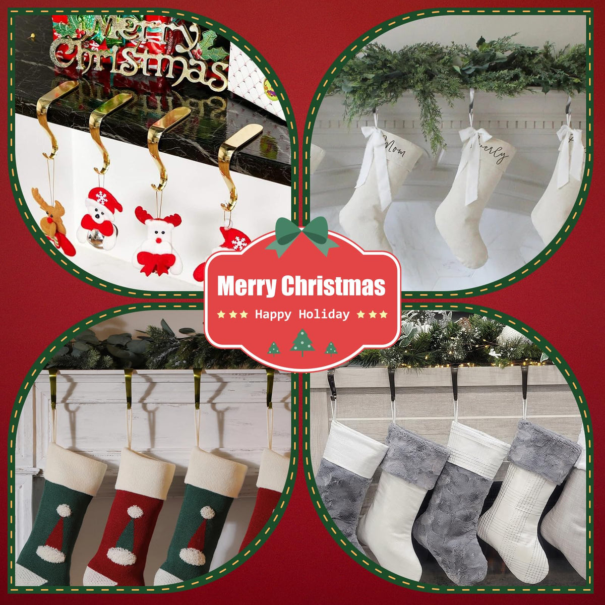 Edoneery Christmas Stocking Holders for Mantle with Silicone Anti-Slip Strips, Fireplace Mantel Stocking Hangers for Shelf, Garland Grips Hooks for Xmas & Family Party Decoration (Black, 4)