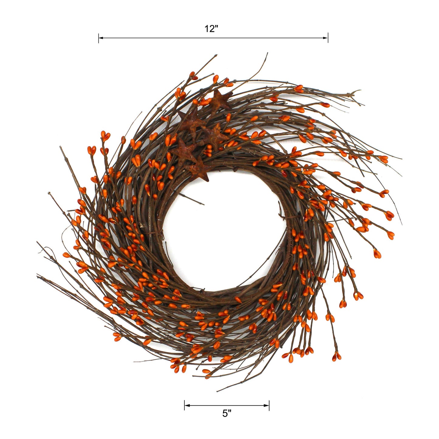 CVHOMEDECO. Primitives Rustic Pip Berries and Twig with Rusty Barn Stars Wreath, 12-Inch, Gold