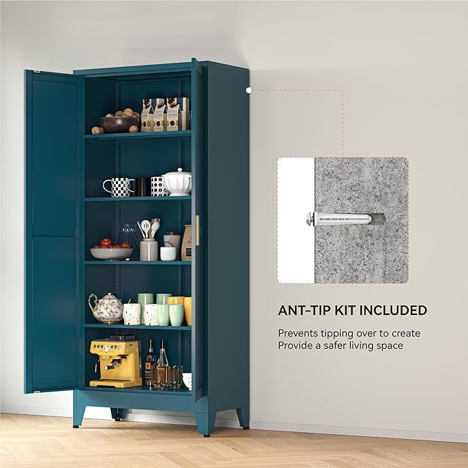 YAUWOH 71''Metal Cabinet with 4 Adjustable Shelves, 5-Tier Pantry Storage
