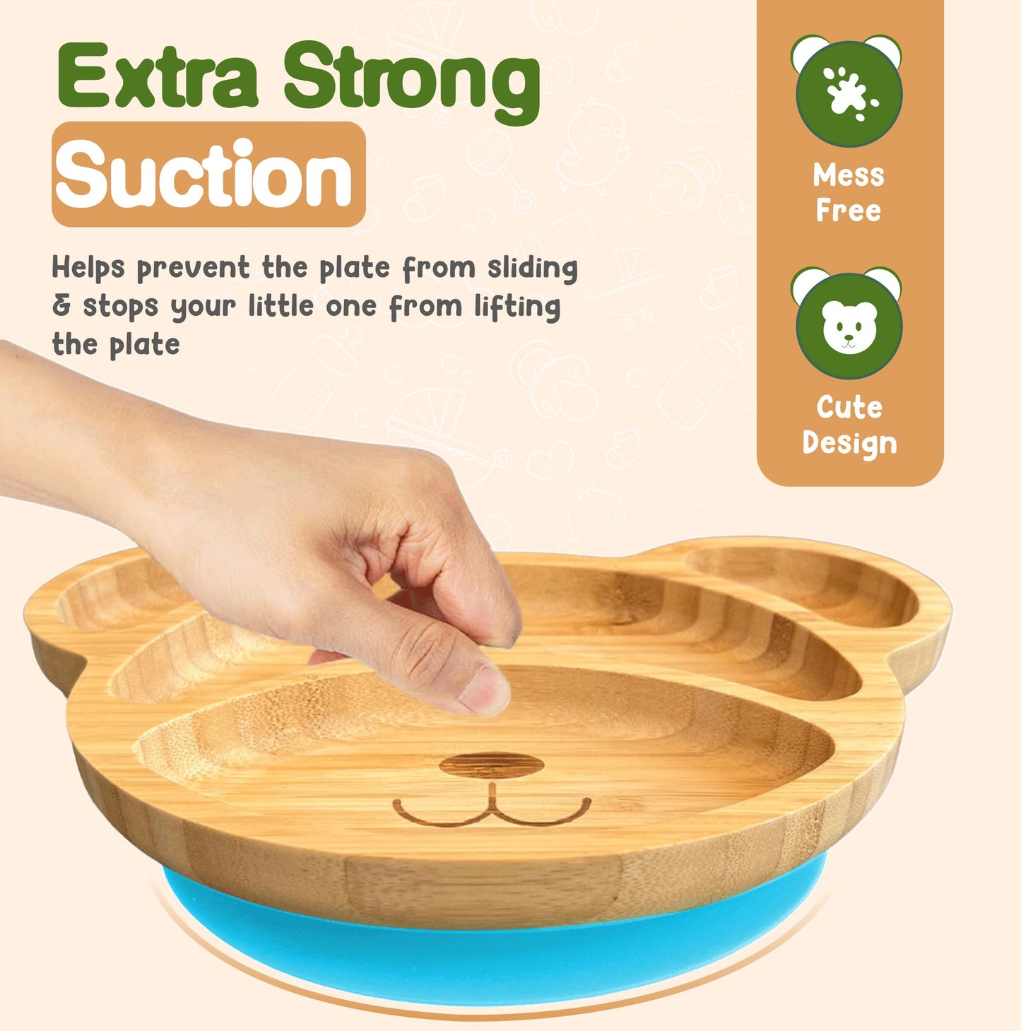 Bamboo Plates for Kids - Baby & Toddler Plates with Suction for Feeding & Weaning, Eco-Friendly Bear Design Promotes Self-Feeding, Ideal for Busy Moms & Dads, Sturdy & BPA-Free (Blue)