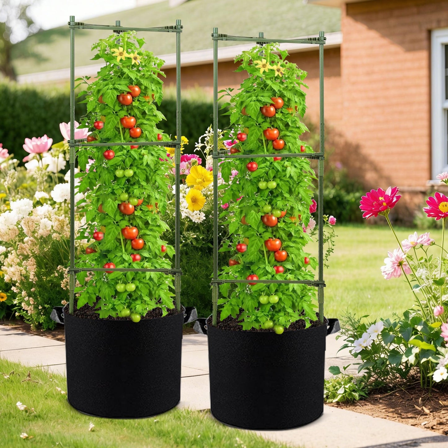 GENMOUS Tomato Cages with Grow Bags - 48 Inch Tomato Trellis for Raised Garden Bed, 3-Pack Tomato Plant Support, with 10 Gallon Plant Grow Bags, Reusable and Height Adjustable