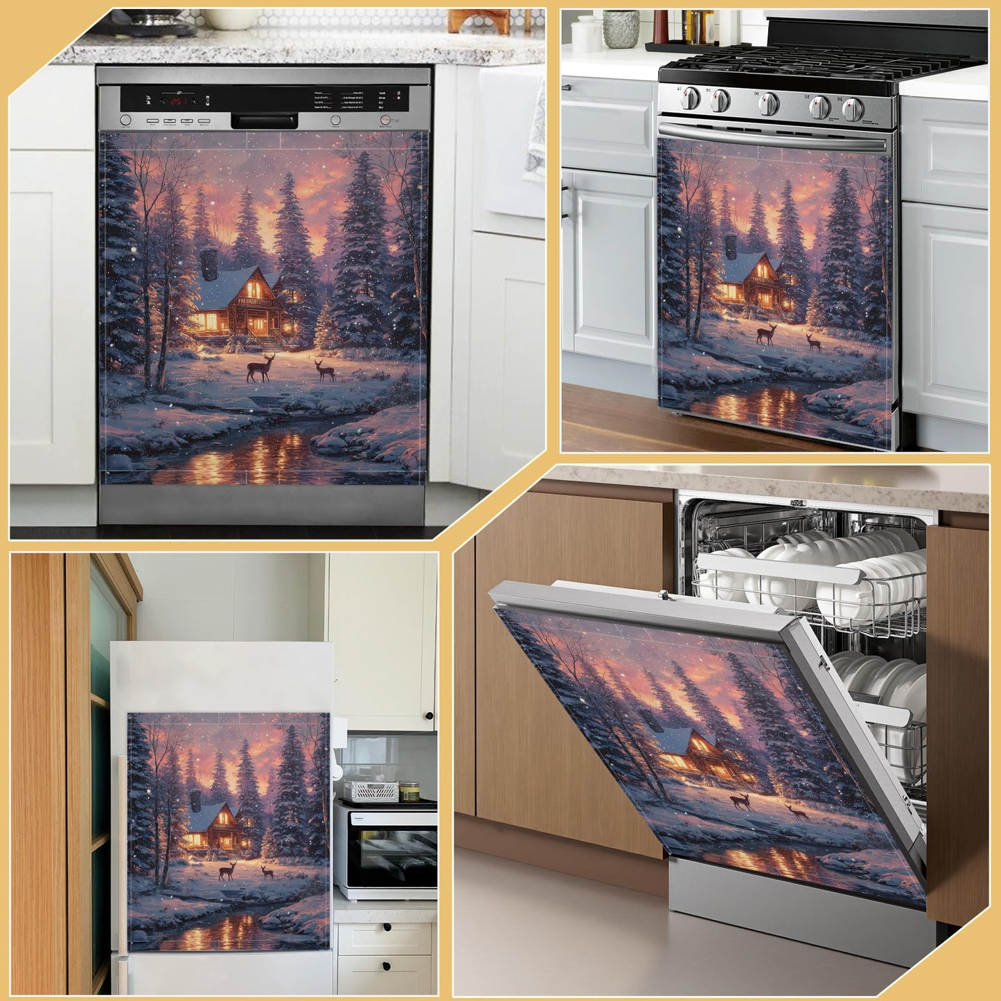 Christmas Scene Snowflakes Magnetic Dishwasher Cover for Kitchen Decor, Reusable Appliance Front Panel, Refrigerator Magnet Cover, 23 x 26 in
