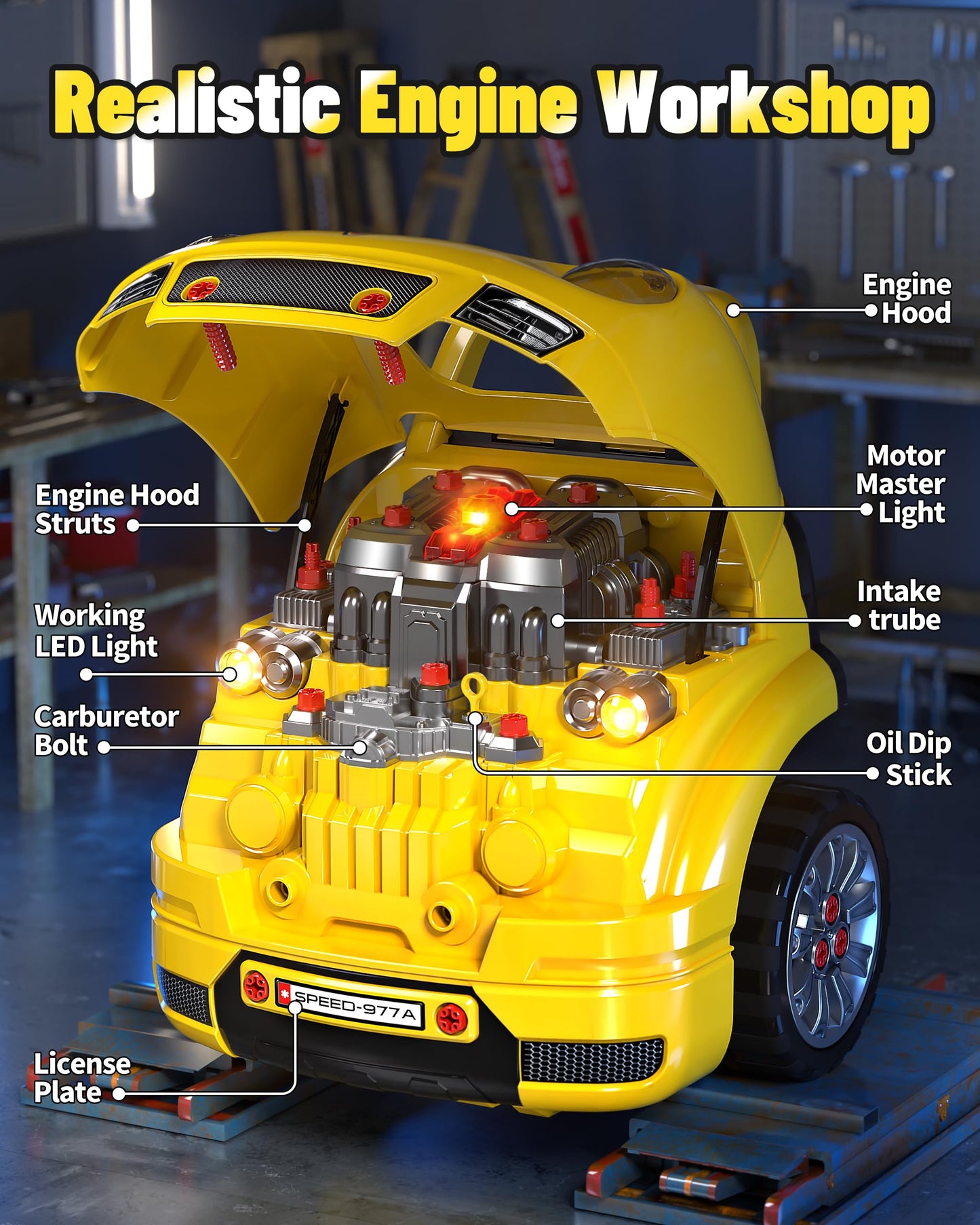 Deejoy Large Truck Builder Kit for Toddlers 3-5, Kids Mechanic Workshop Set with Light and Sound, Removable Engine, Yellow, 15.3x18.7inch