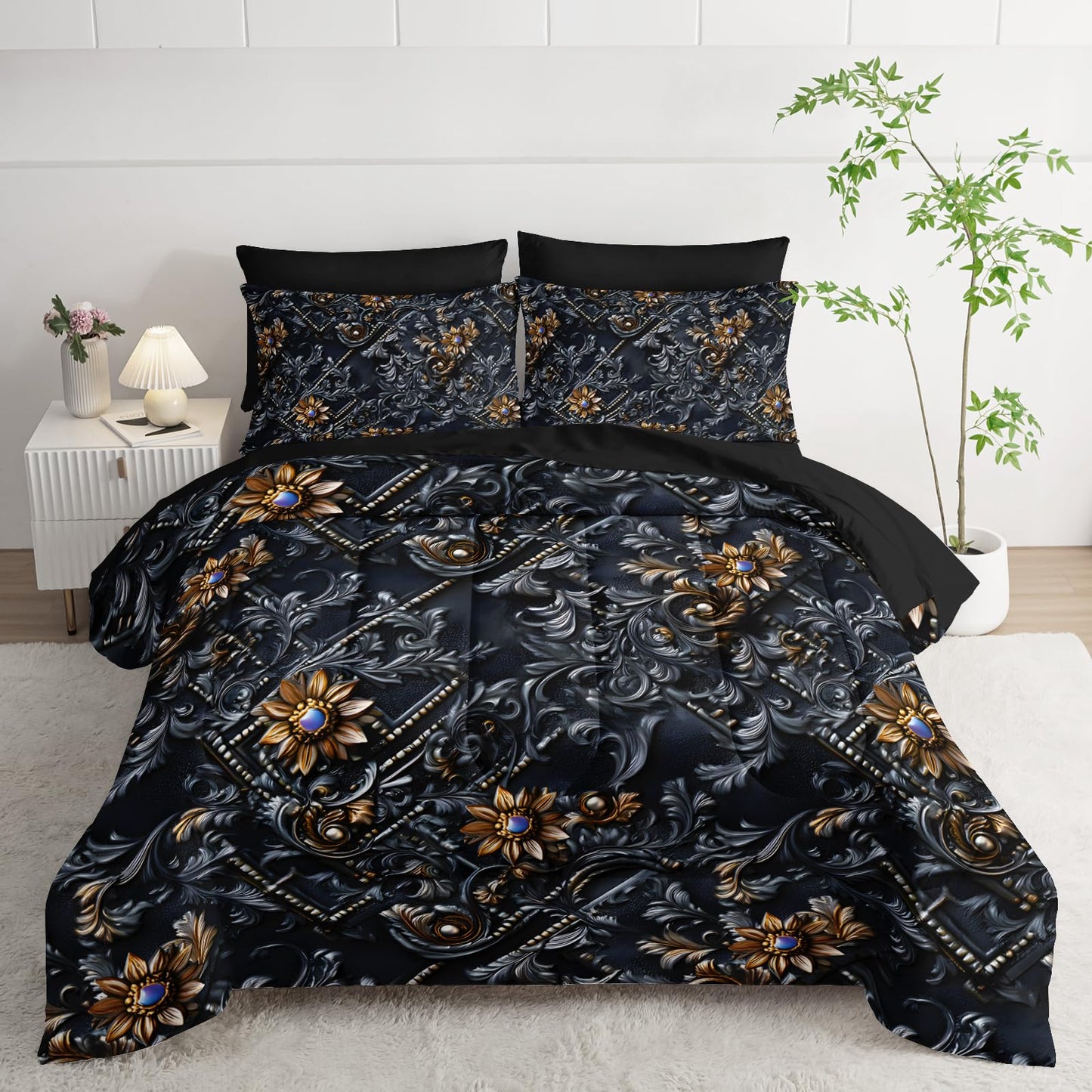 lneffble 7 Piece Black and Gold Baroque Comforter Set Queen,Baroque Queen Bedding,(1 Comforter, 1 Flat Sheet, 1 Fitted Sheet, 2 Pillowcase and 2 Pillow Sham),Baroque Gothic Bedroom Decor