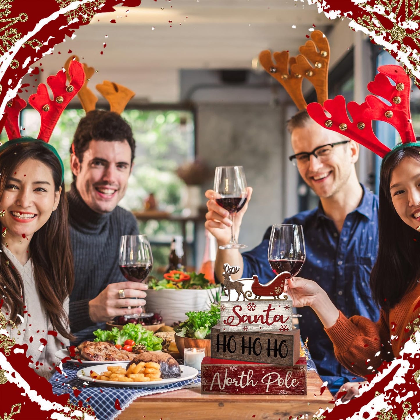 Moucuny 4 Pcs Reindeer Christmas Table Decor Wooden Reindeer Christmas Tiered Tray Decor Xmas Centerpiece Decorative Red Deer Pulled Sleigh Block Signs Gift Farmhouse Xmas Decoration for Home Kitchen