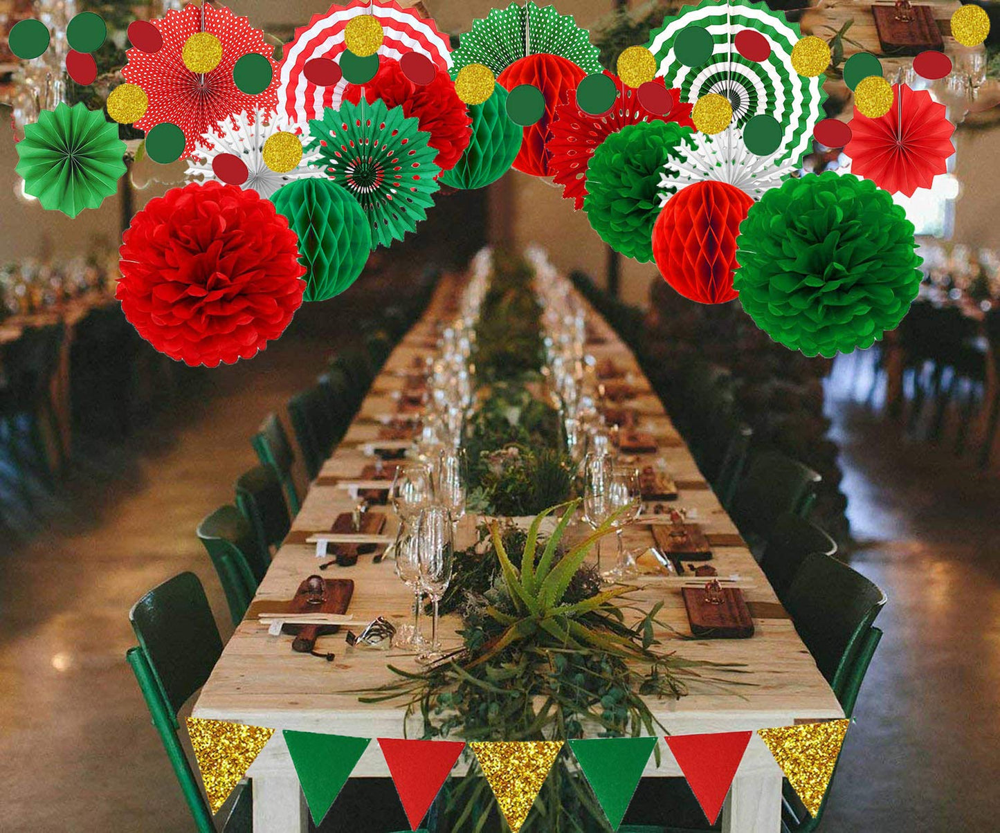 Christmas Party Decorations Paper Fans,Garlands String Circle Dot,Triangle Bunting Flags, Honeycomb Ball,Paper Tissue Pom Poms,Party Supplies for Christmas Birthday Wedding Baby Shower