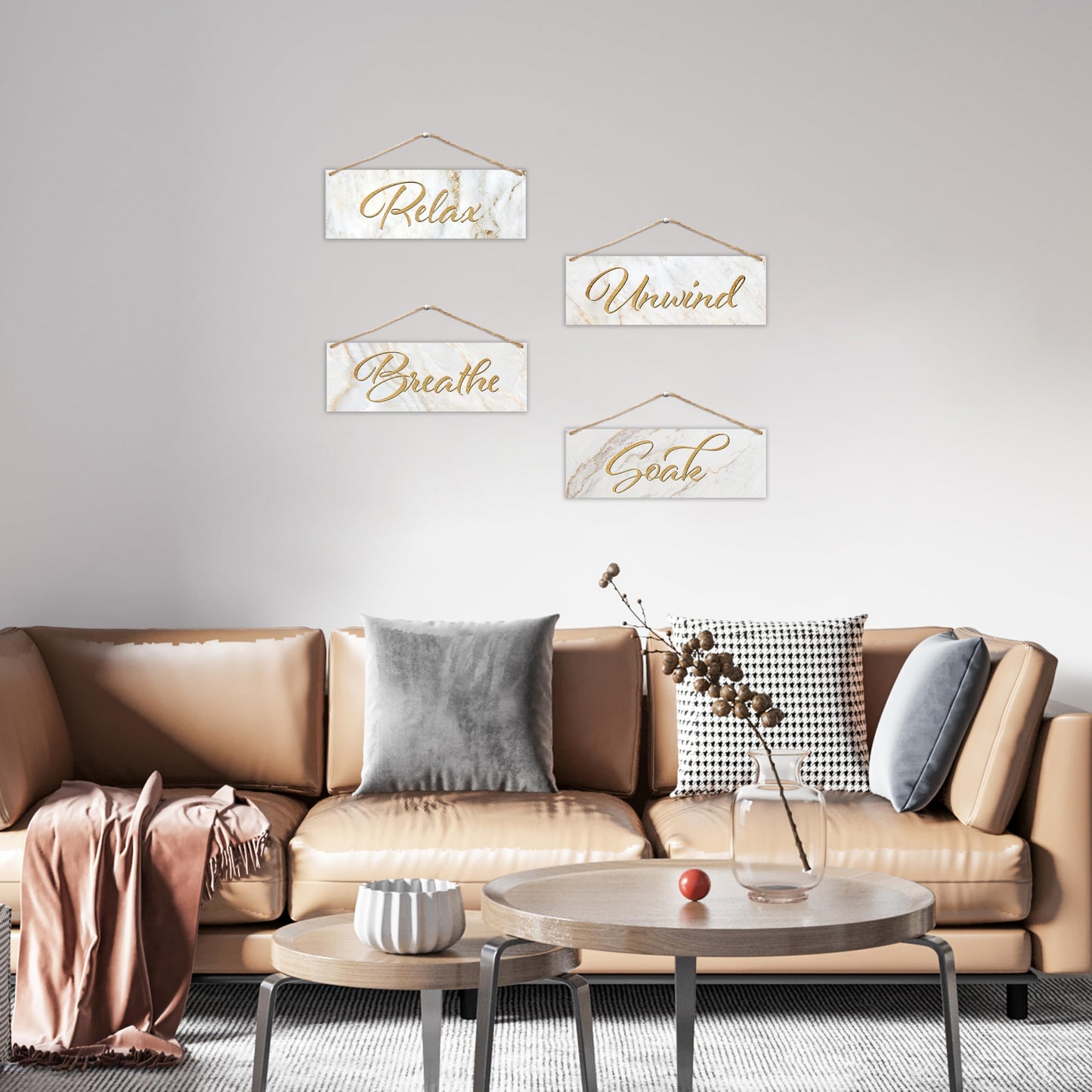 4 Pcs Rustic Marble Style Wall Decor, Soak Relax Unwind Breathe Wooden Hanging Sign, Wall Art For Restroom Farmhouse Decorations, A32