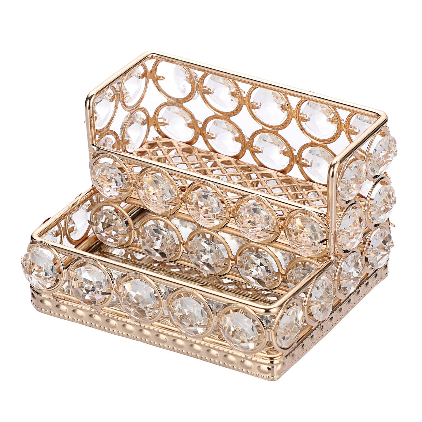 Hipiwe 2 Tiers Crystal Business Card Holder Stand Gold Mirrored Business Card Display Stand Organizer Desktop Business Card Storage Holder for Office Countertop