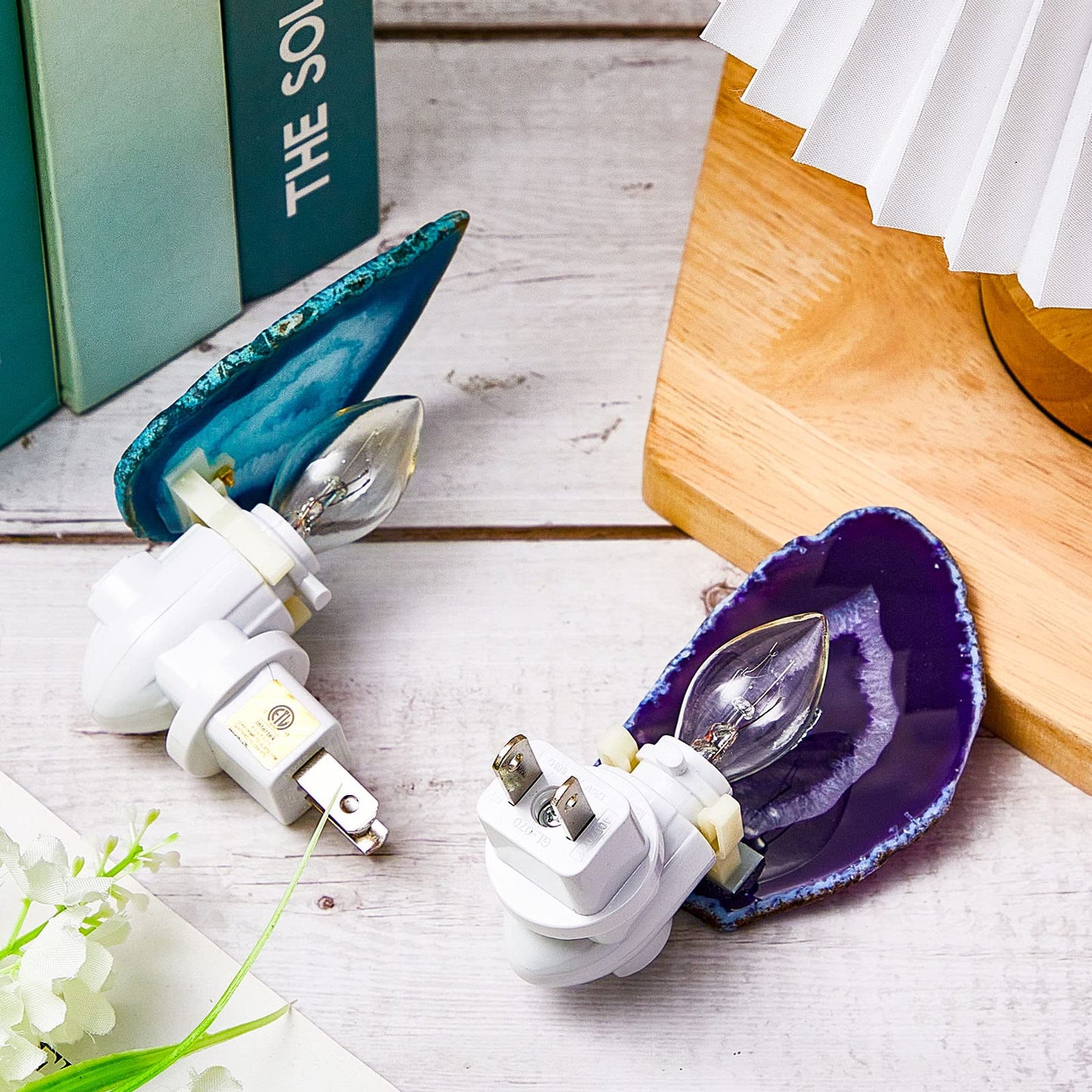 Funtery 2 Pcs Agate Night Light Agate Slice Light Crystal Nightlight Plug into Wall with Switch Crystal Lamp LED Hallway Stairways Home Decor for Toilet Kitchen Bedroom, Blue Purple