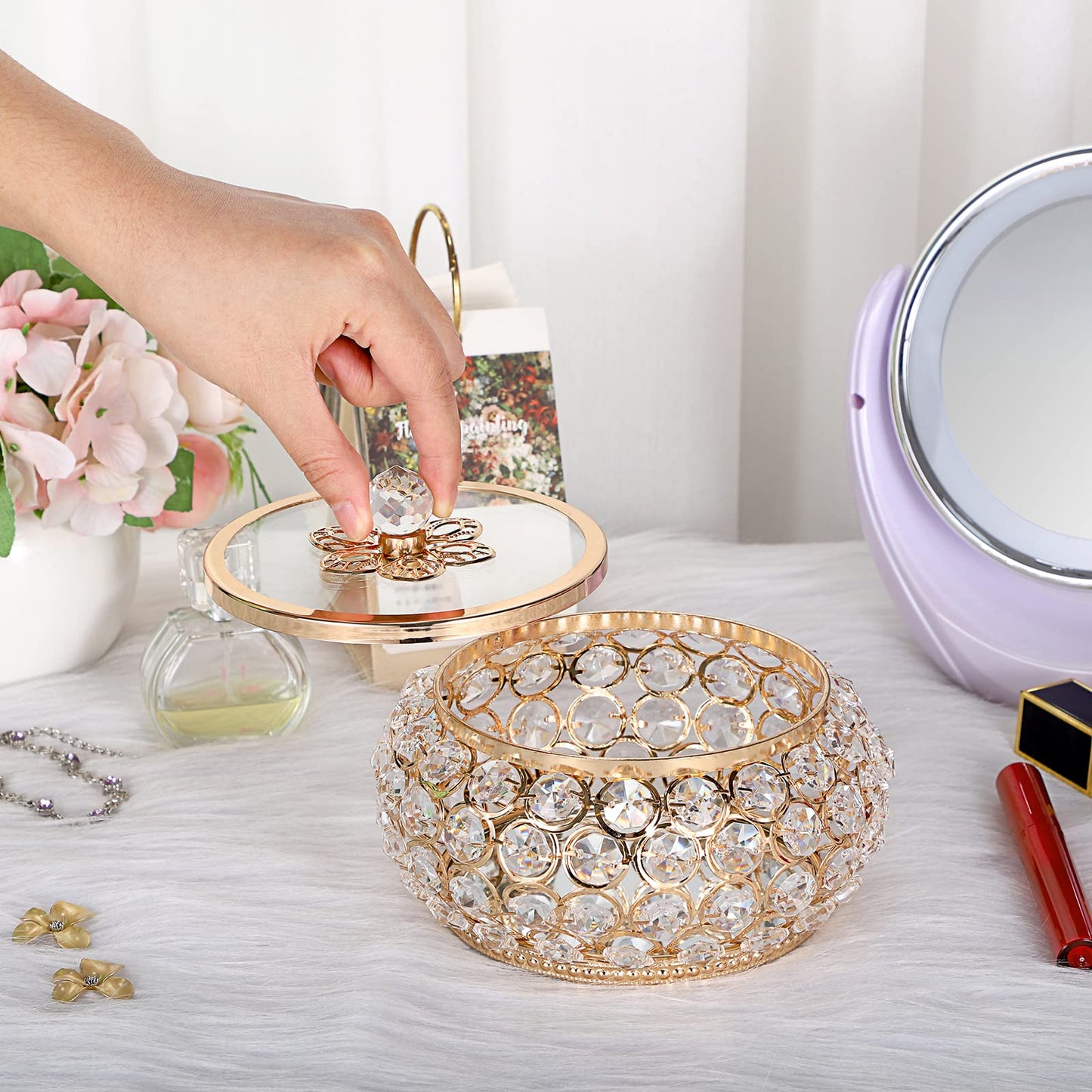 Hipiwe Crystal Jewelry Trinket Box with Glass Lid Large Gold Mirrored Treasure Box Decorative Jewelry Box Ring Earrings Necklace Storage Keepsake Box Gift for Women
