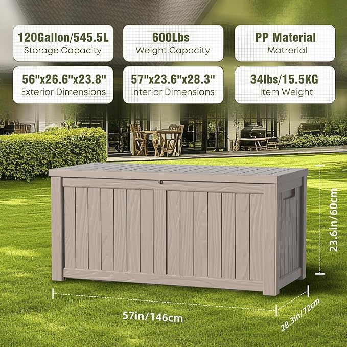 DRATO 120 Gallon Large Deck Box, Outdoor Storage Box for Patio Furniture, Patio Cushions, Gardening Tools, Pool Supplies,660lbs Weight Capacity,Waterproof Resin Storage Boxes(Gray,120 Gallon)