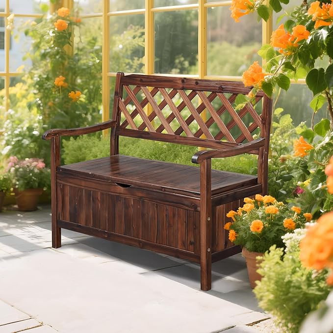 VINGLI Outdoor Storage Bench, Large Wood Deck Box with Seating, Weatherproof Outdoor Bench with Storage Loveseat, 2-Person Wooden Patio Bench for Entryway, Backyard, Garden