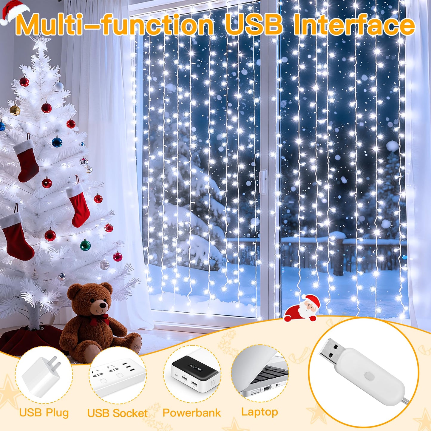 Ollny Curtain Lights 6.6x6.6ft, 200 LED White Christmas Lights with Remote 8 Modes Dimmable Timer, USB Power String Light for Bedroom Backdrop Indoor Window Wedding Decorations
