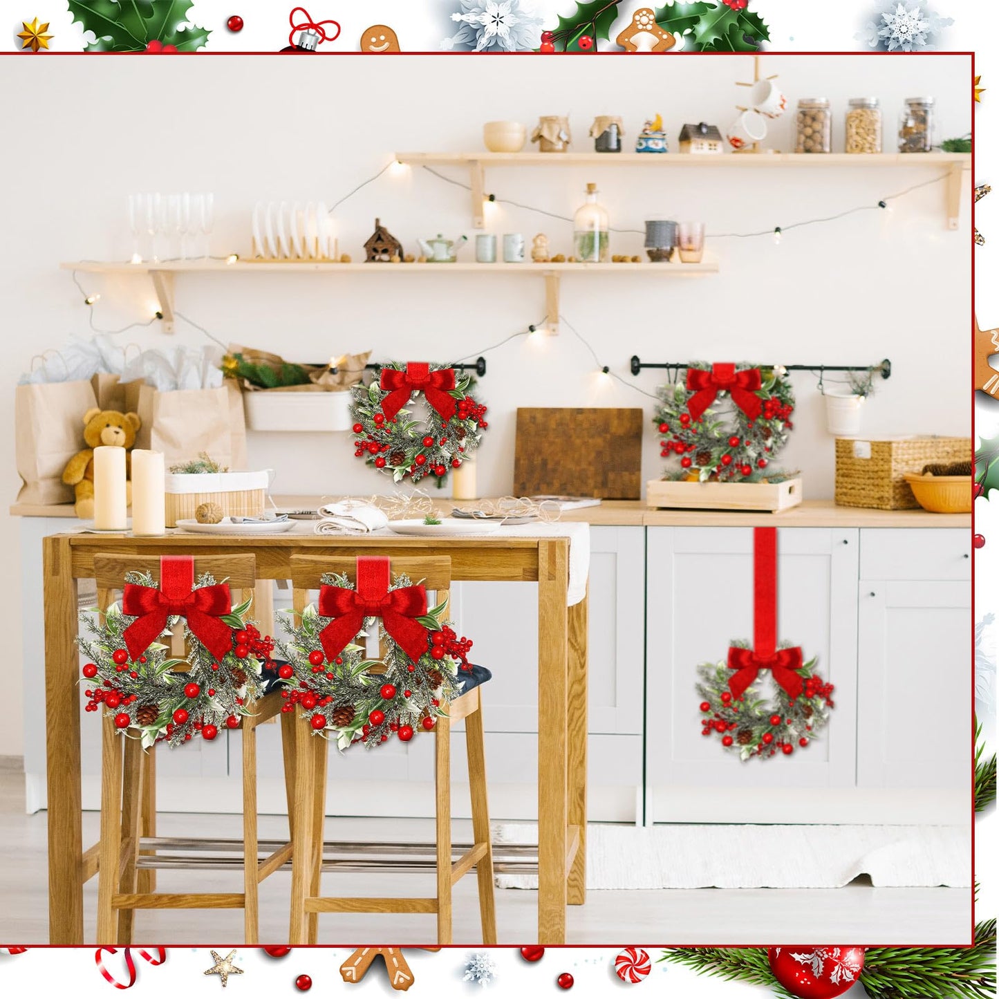 Dingion 6 Pcs 6" Christmas in July Mini Cabinet Wreaths for Kitchen with Ribbon Bows Red Berry Small Window Wreath for Window Door Farmhouse Christmas Party Decorations