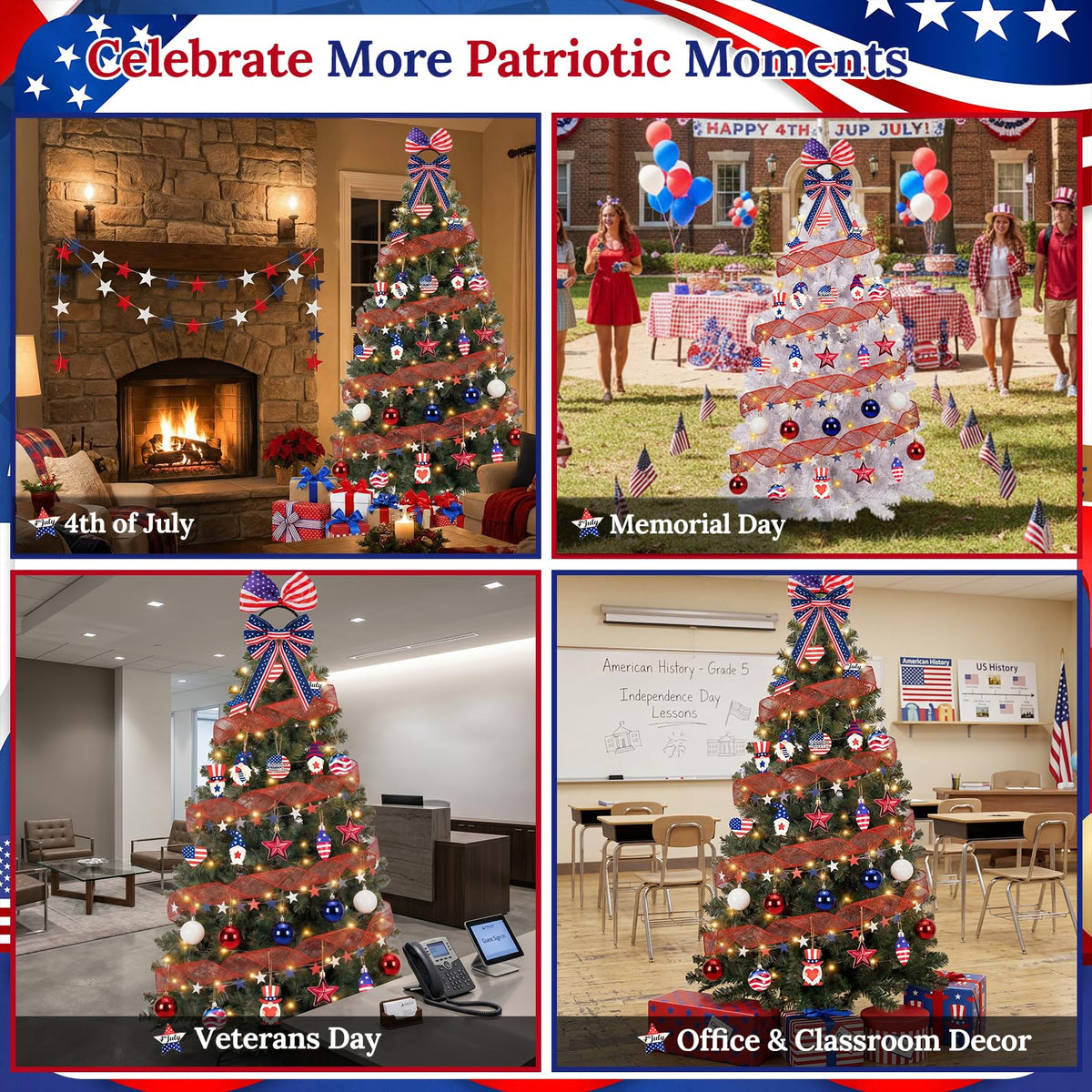 4th of July Christmas Tree Decorations Set with LED Light - Patriotic Red White and Blue Hanging Ornaments, Star Garland & Wreath Bow Tree Topper for Independence National Memorial Day Party
