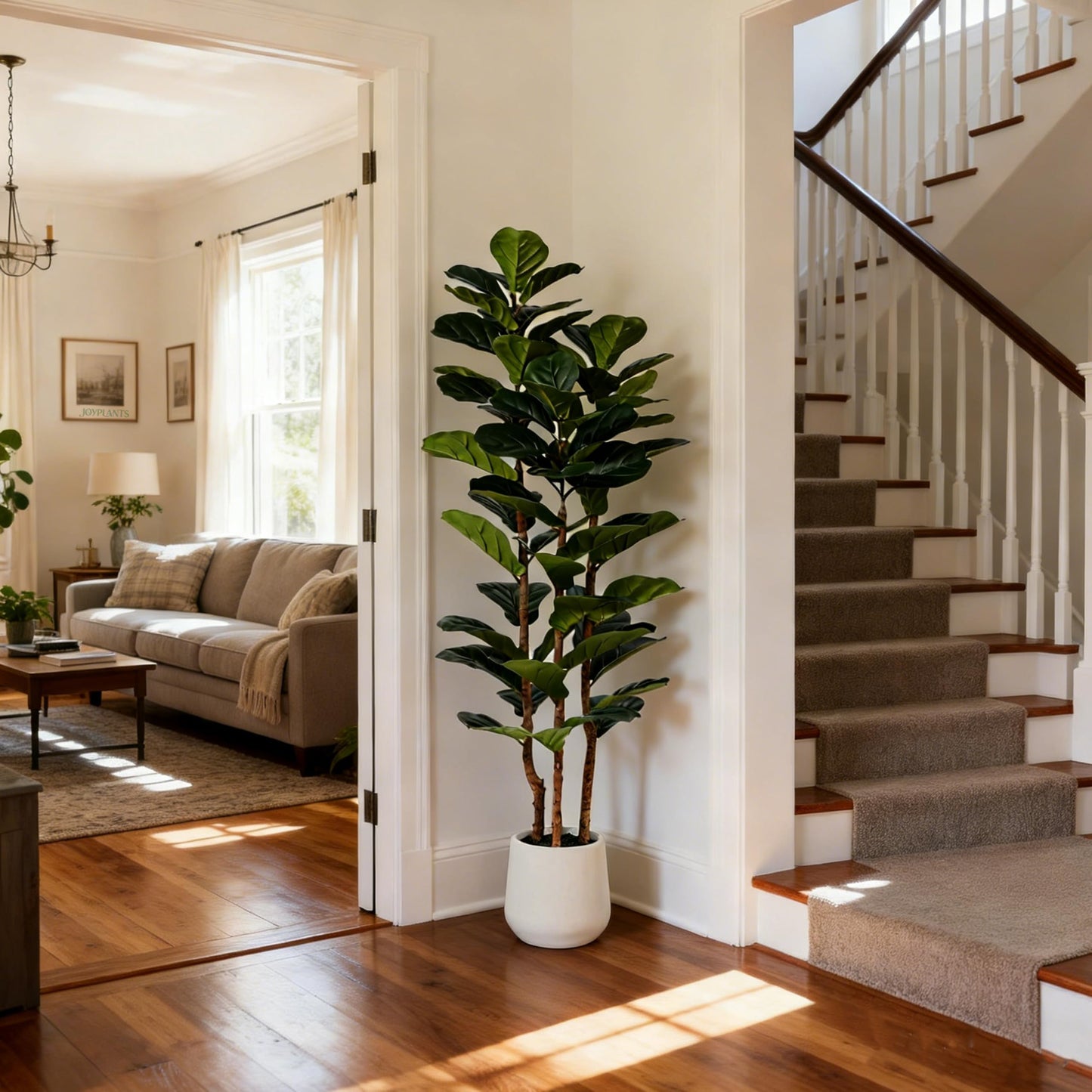 Joyplants 5ft Fake Fiddle Leaf Fig Tree, Realistic Fake Plants with Natural-Looking Trunk, Evergreen Faux Plants Indoor for Home & Office Decor(3 Poles, White Pot)