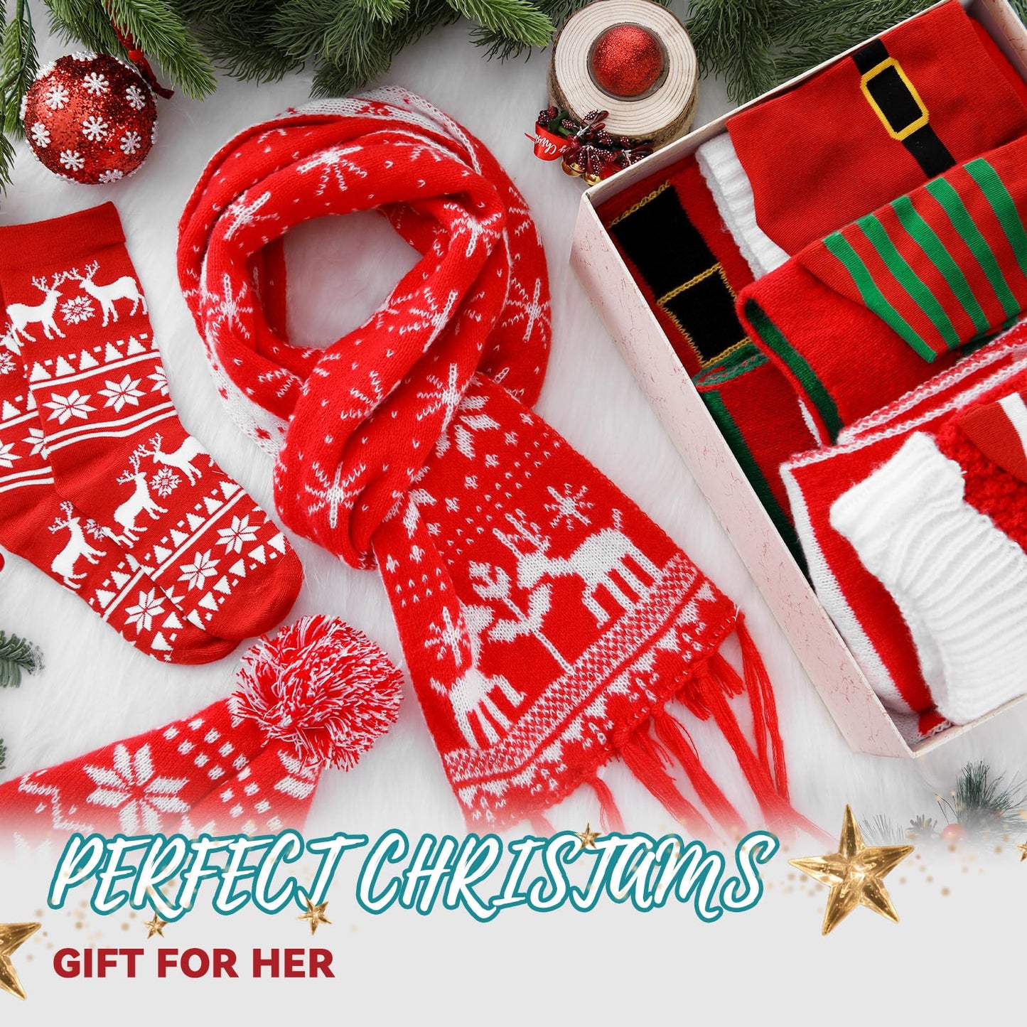Liitrsh 12 Pack Christmas Winter Accessories Set, 4 Christmas Beanies 4 Knitted Scarves and 4 Pairs of Holiday Socks Soft Warm Xmas Hat Scarf Sock Set for Family Parties Gifts
