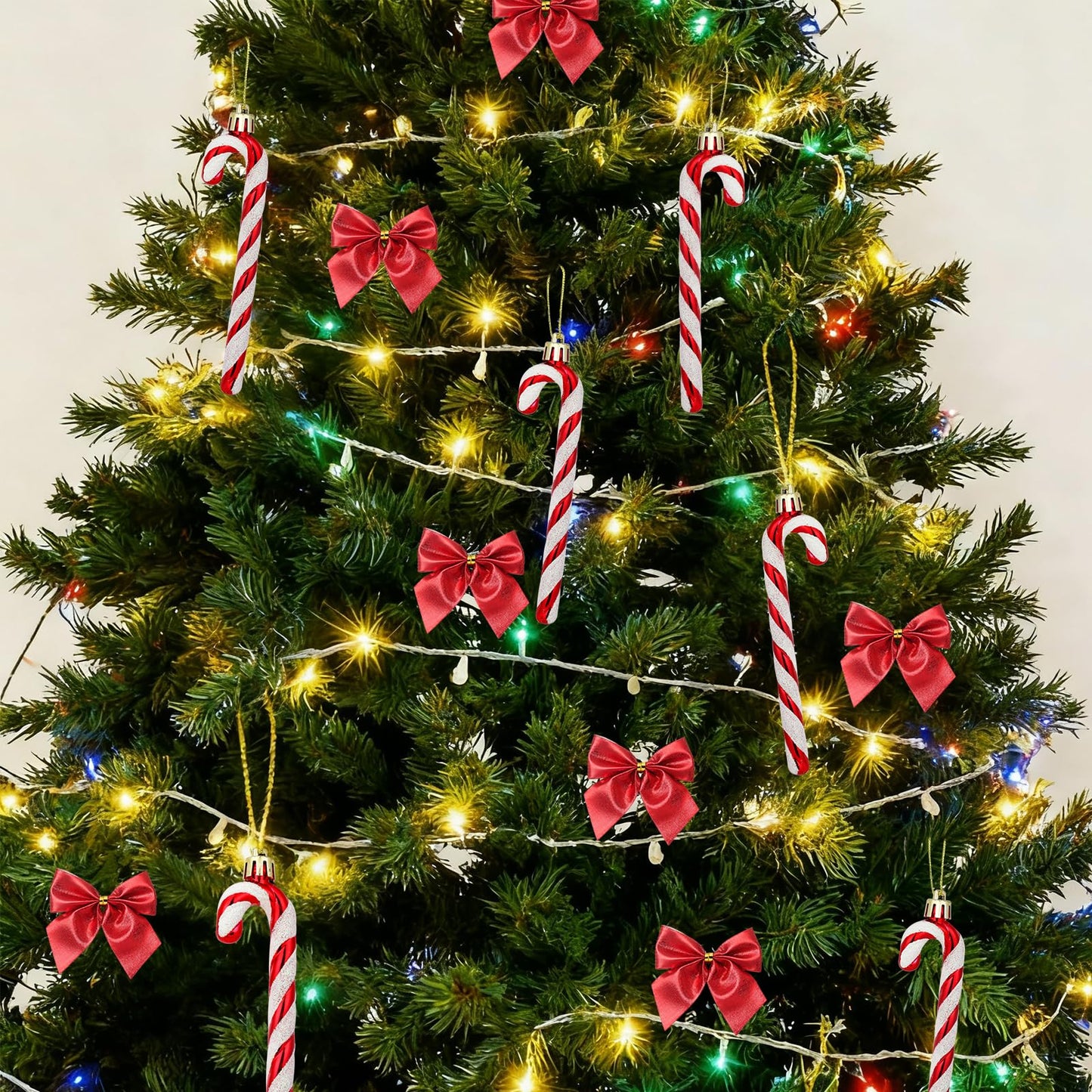 FYFLED Candy Cane Christmas Tree Decorations - 12 Pcs Candy Cane Ornaments for Tree, Glitter Candy Cane Bows for Xmas Tree Hanging Ornament Festival Party Home Decor, Red