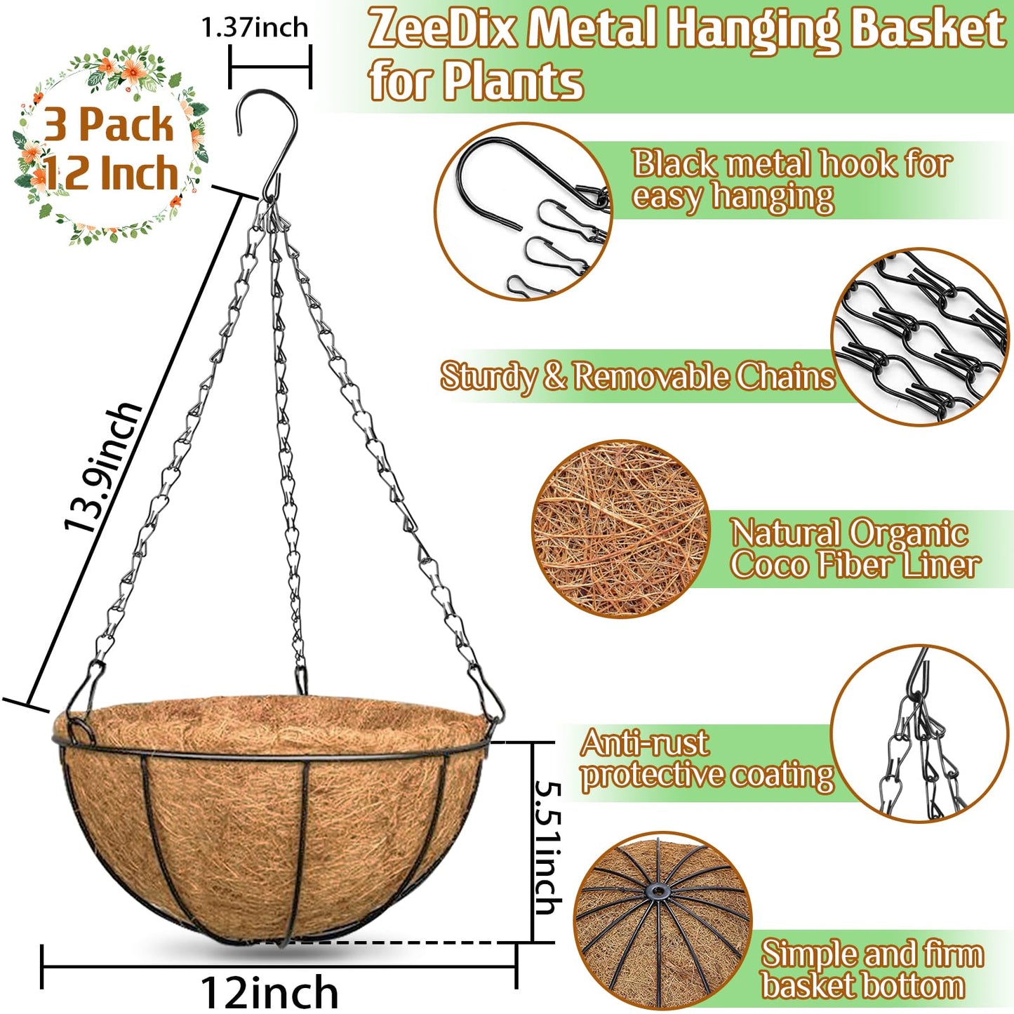 ZeeDix Hanging Baskets for Plants Outdoor-3 Pack 12 Inch Hanging Planters with Coconut Liners, Metal Round Hanging Planter for Flowers Vegetables