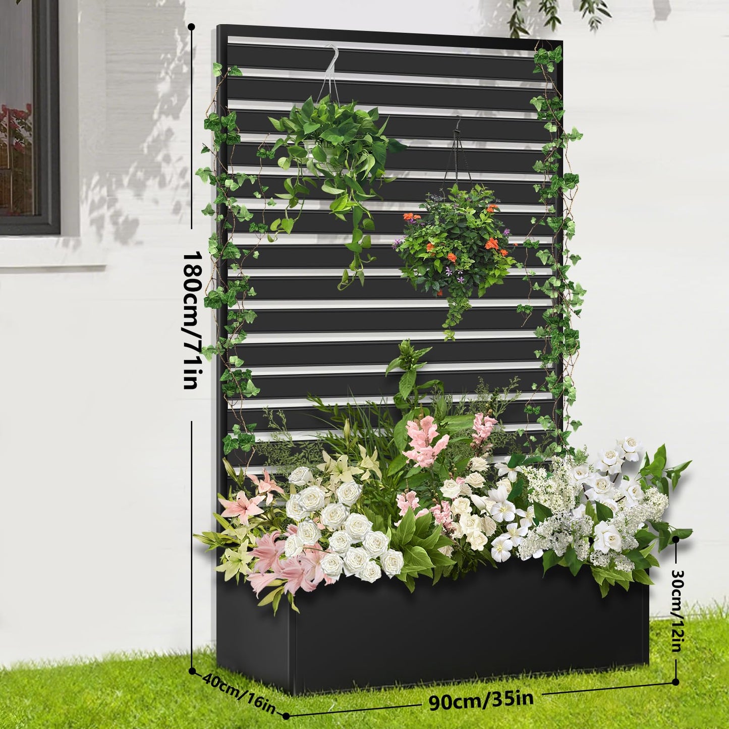 Metal Raised Garden Bed with Trellis, 2 in 1 Trellis with Planter Box & Privacy Screen for Climbing Plants, Vine, Outdoor Standing Flower Beds with Drainage Holes, 35" L x 16" W x 71" H, Black