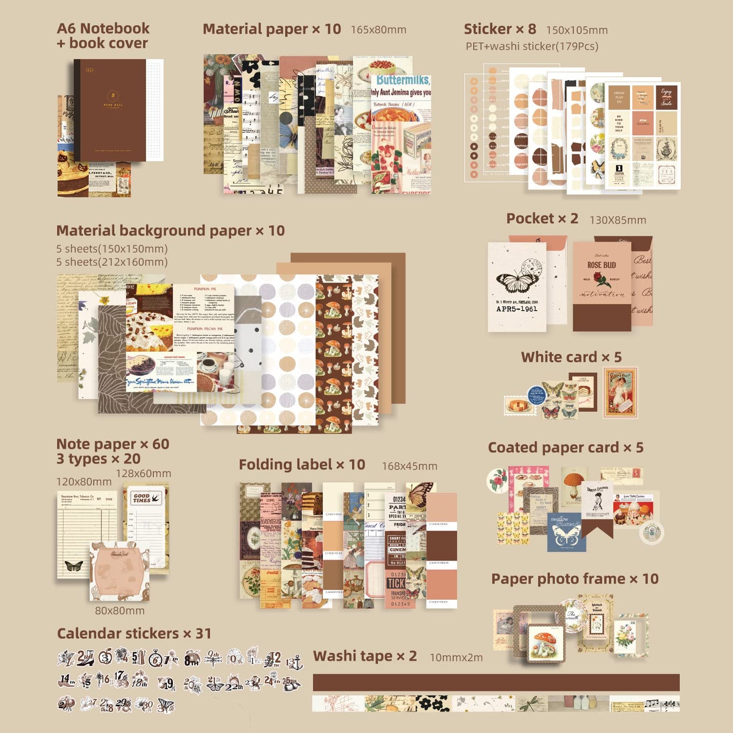 348 Pcs Scrapbooking Supplies Kit, Vintage Aesthetic Scrapbook Kit for Bullet Junk Journal, Stationery, A6 Grid Notebook, DIY Journaling Supplies, Birthday Craft Gift for Teen Girl Kid Women